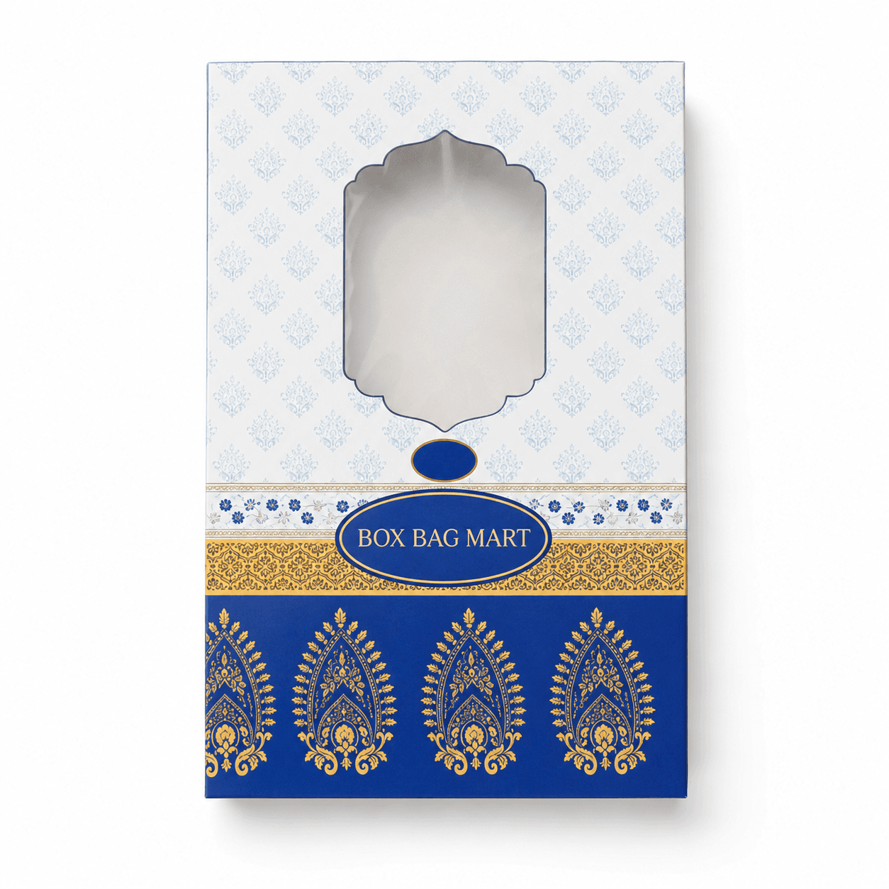 BOX BAG MART blue and white custom printed duplex window garment packaging box with transparent display window.