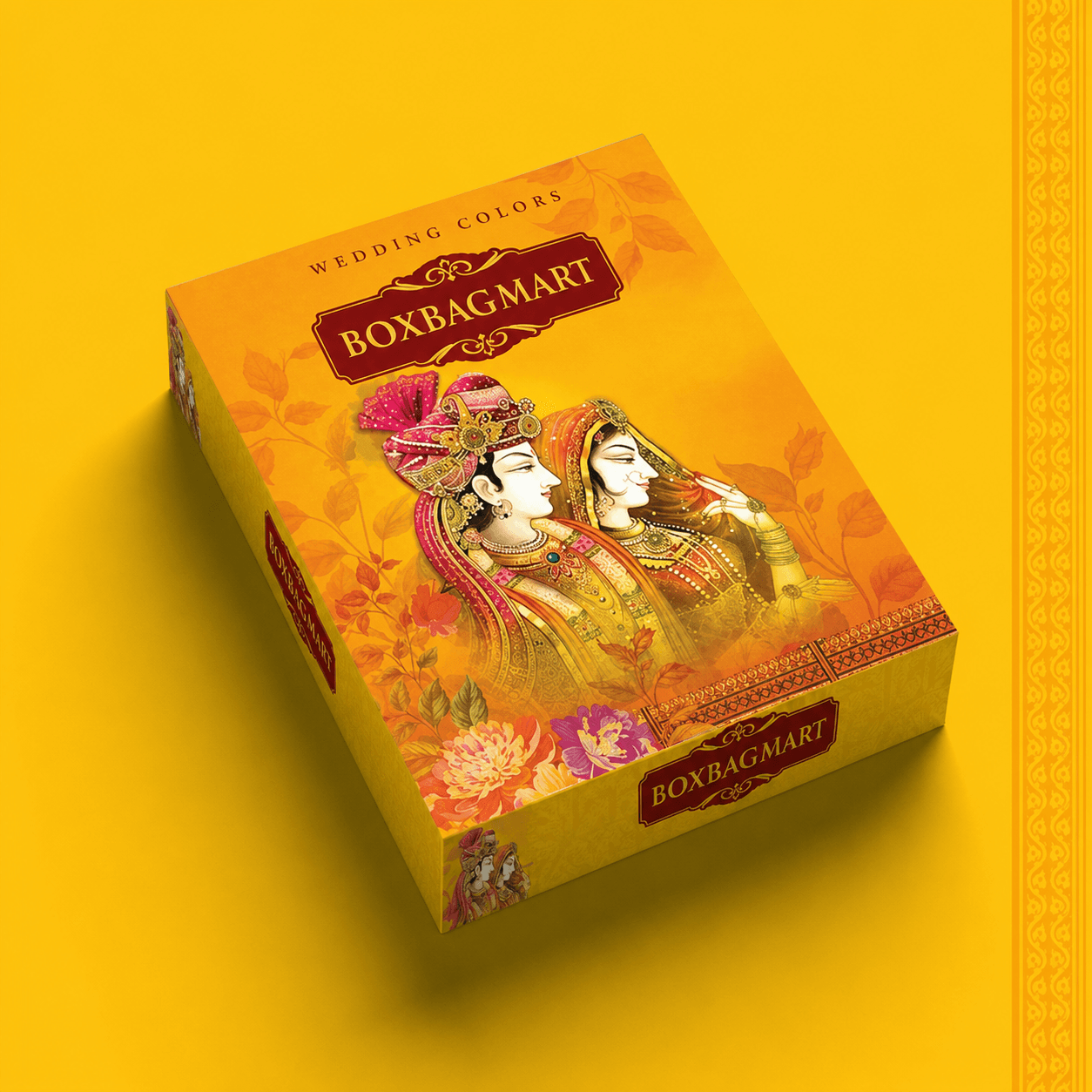 BOXBAGMART royal yellow custom-printed wedding saree packaging box with traditional bride and groom artwork.
