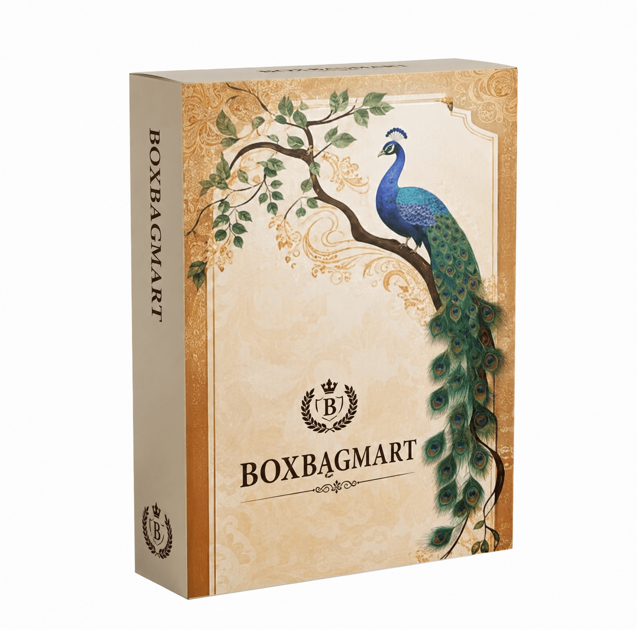 BOXBAGMART royal peacock-design custom-printed duplex saree packaging box for wedding garments, ethnic wear and premium clothing.