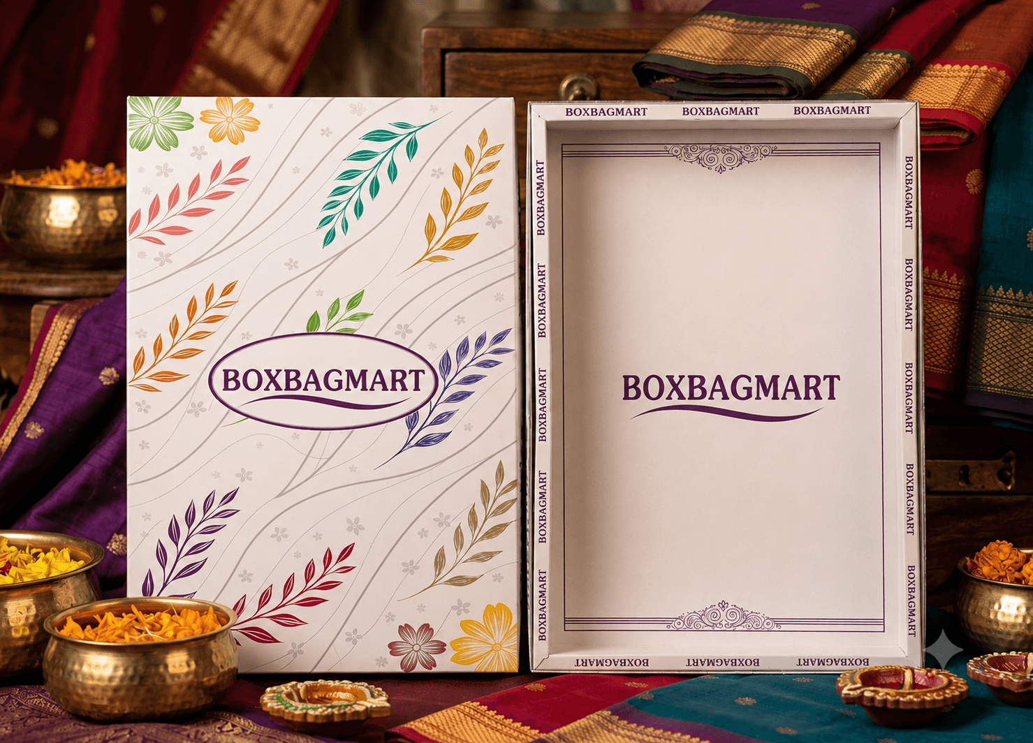 BOX BAG MART multicolour leaf-printed duplex saree packaging box with removable lid for wedding and ethnic garments.