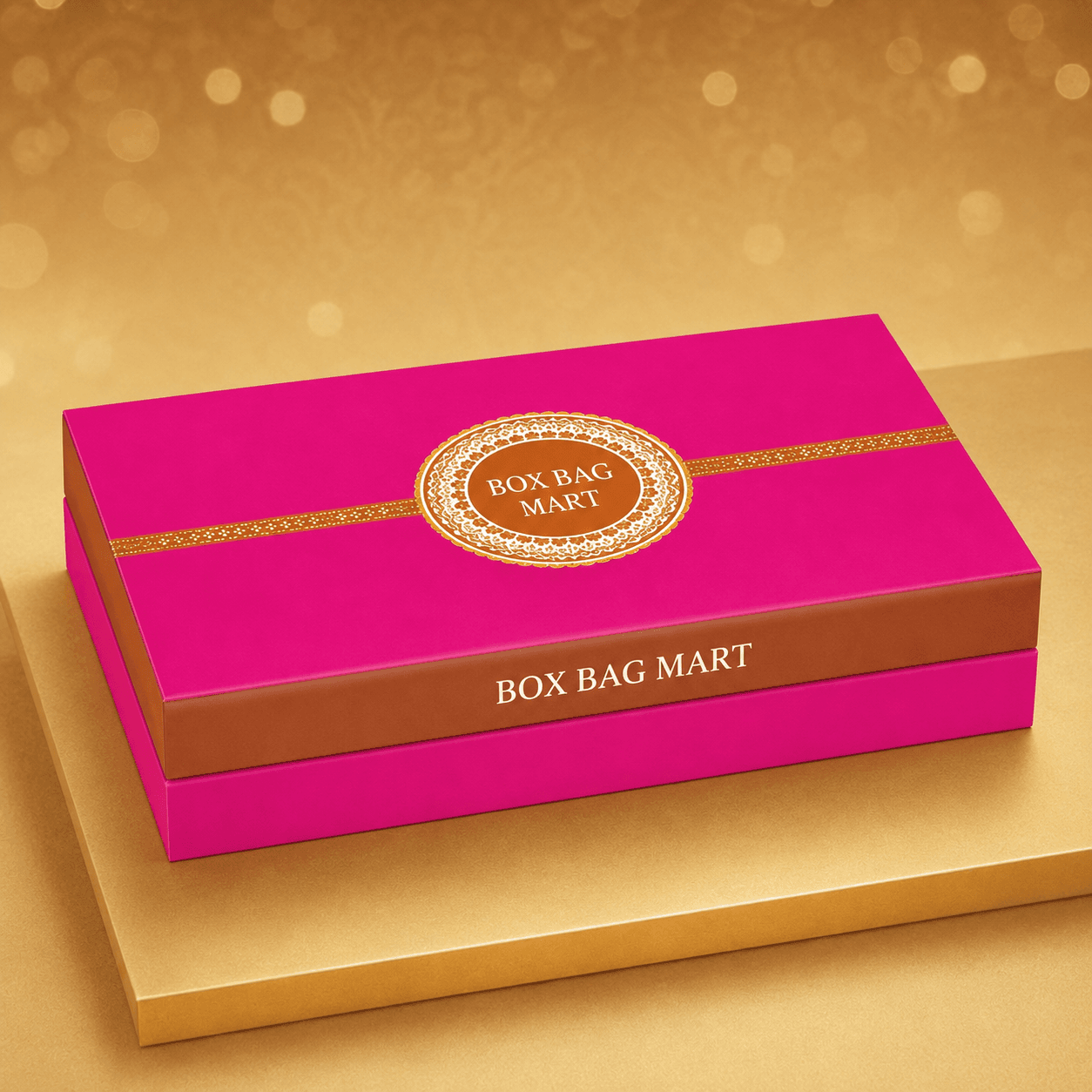 BOX BAG MART pink and gold custom-printed premium mithai packaging box filled with assorted Indian sweets.