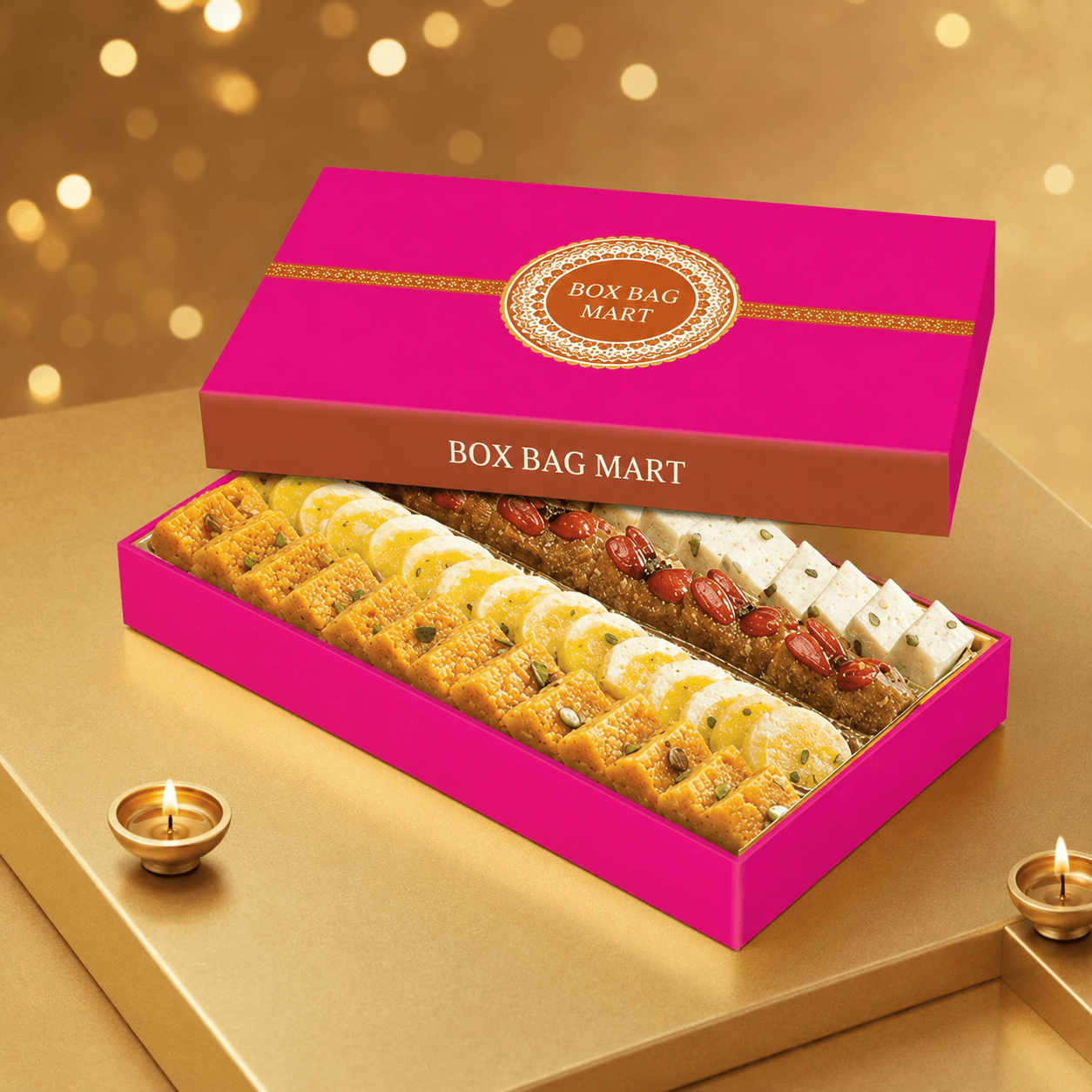 BOX BAG MART pink and gold custom-printed premium mithai packaging box filled with assorted Indian sweets.
