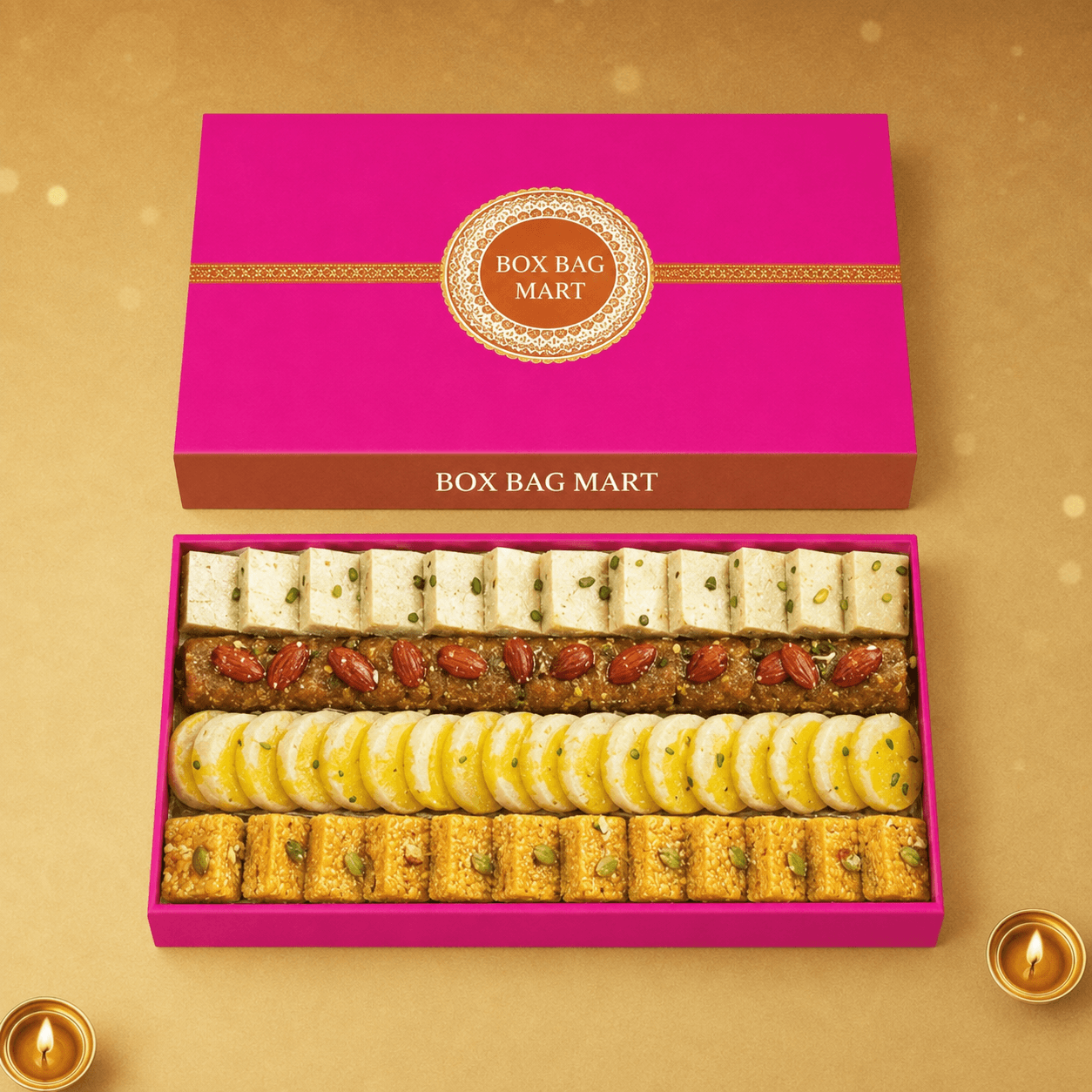 BOX BAG MART pink and gold custom-printed premium mithai packaging box filled with assorted Indian sweets.