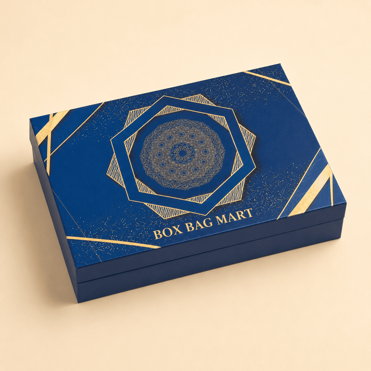 BOX BAG MART royal blue and gold custom-printed luxury sweet and dry-fruit packaging box with assorted mithai compartments.
