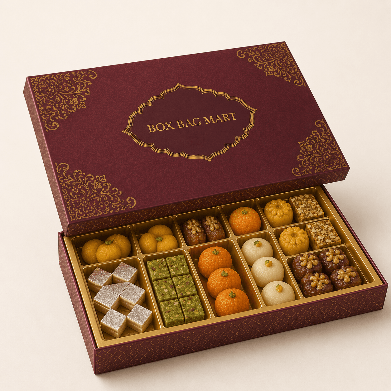 BOX BAG MART maroon-and-gold custom-printed premium mithai packaging box with assorted Indian sweets and compartment tray.