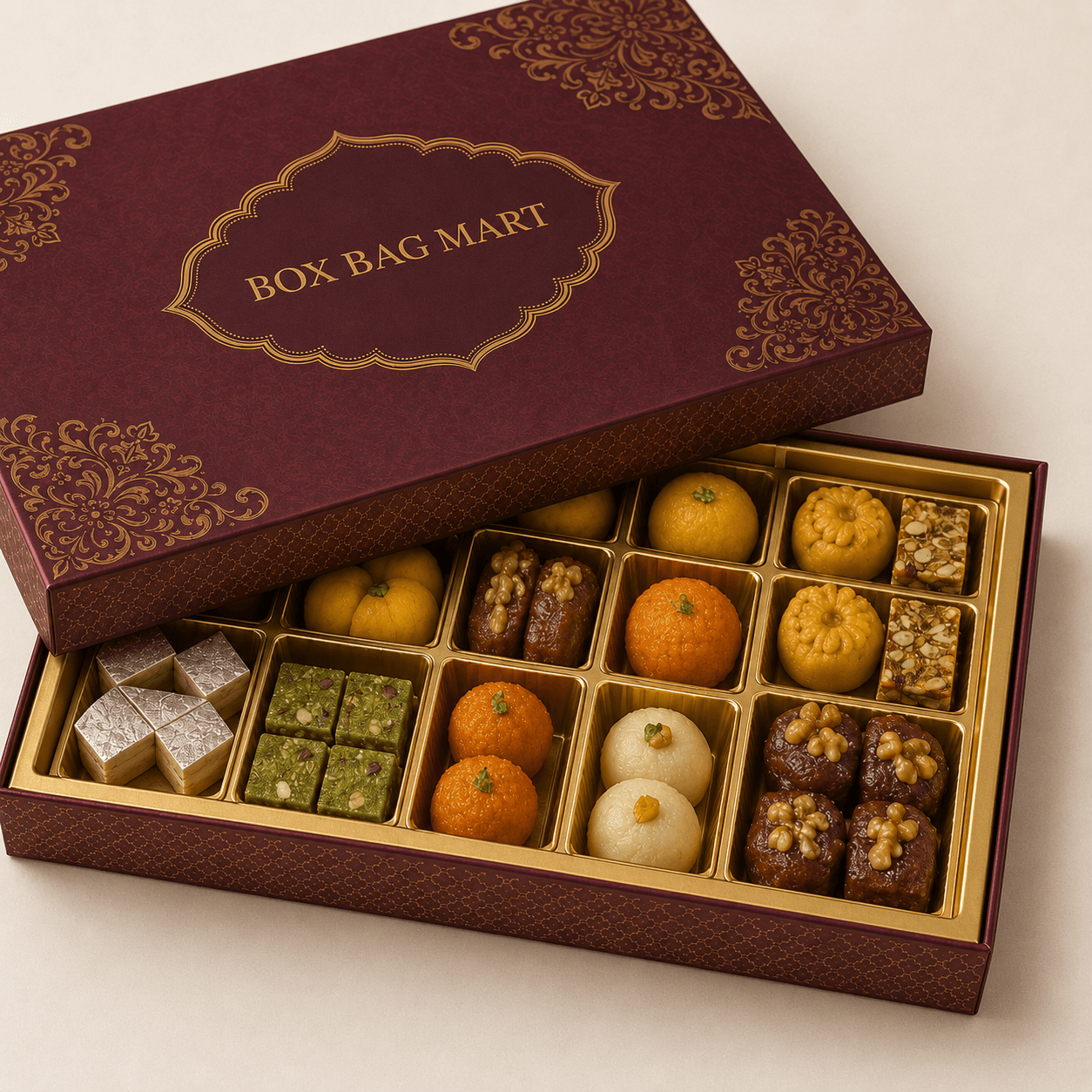 BOX BAG MART maroon-and-gold custom-printed premium mithai packaging box with assorted Indian sweets and compartment tray.