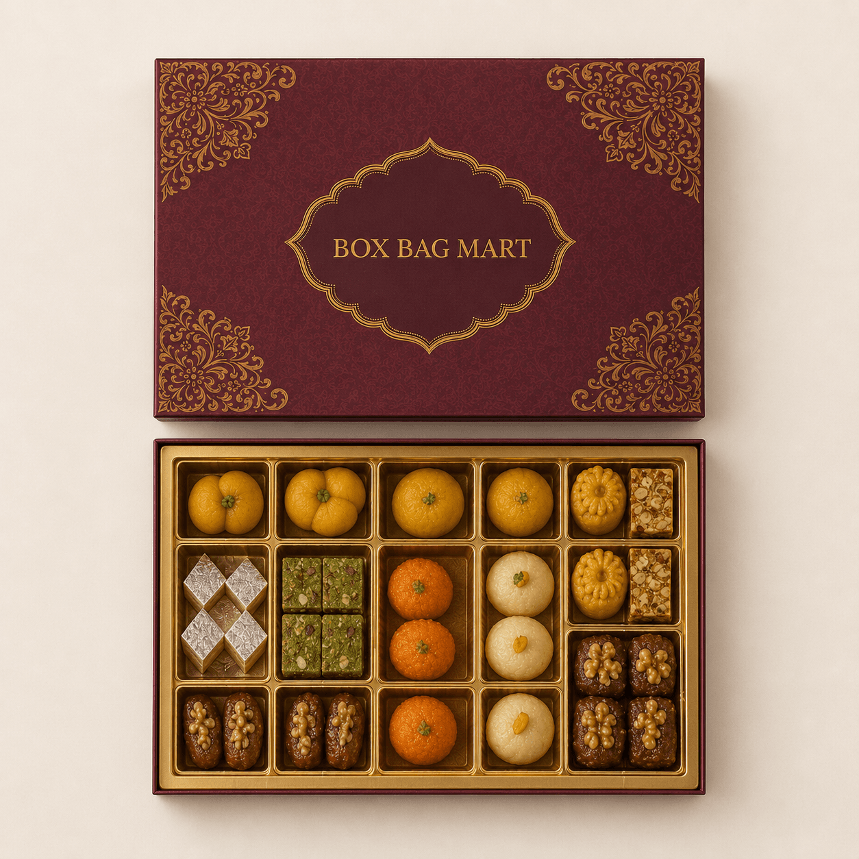 BOX BAG MART maroon-and-gold custom-printed premium mithai packaging box with assorted Indian sweets and compartment tray.