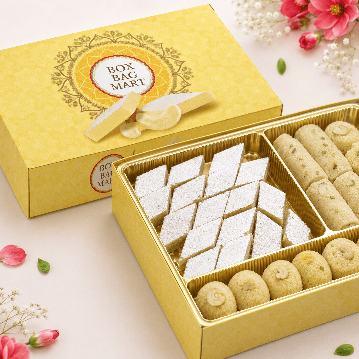 BOX BAG MART yellow floral custom-printed kaju katli sweet packaging box with gold compartments and assorted Indian mithai.