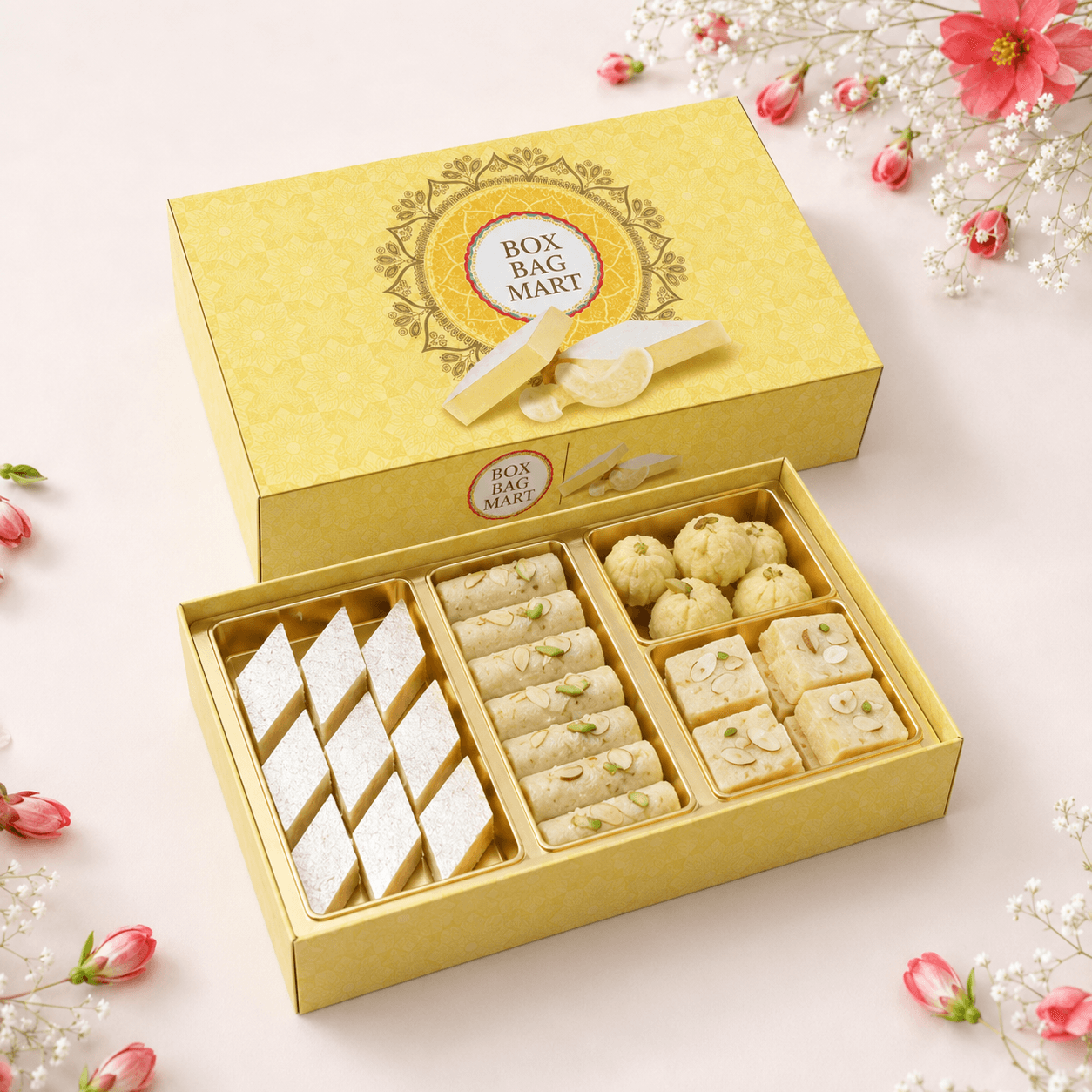 BOX BAG MART yellow floral custom-printed kaju katli sweet packaging box with gold compartments and assorted Indian mithai.