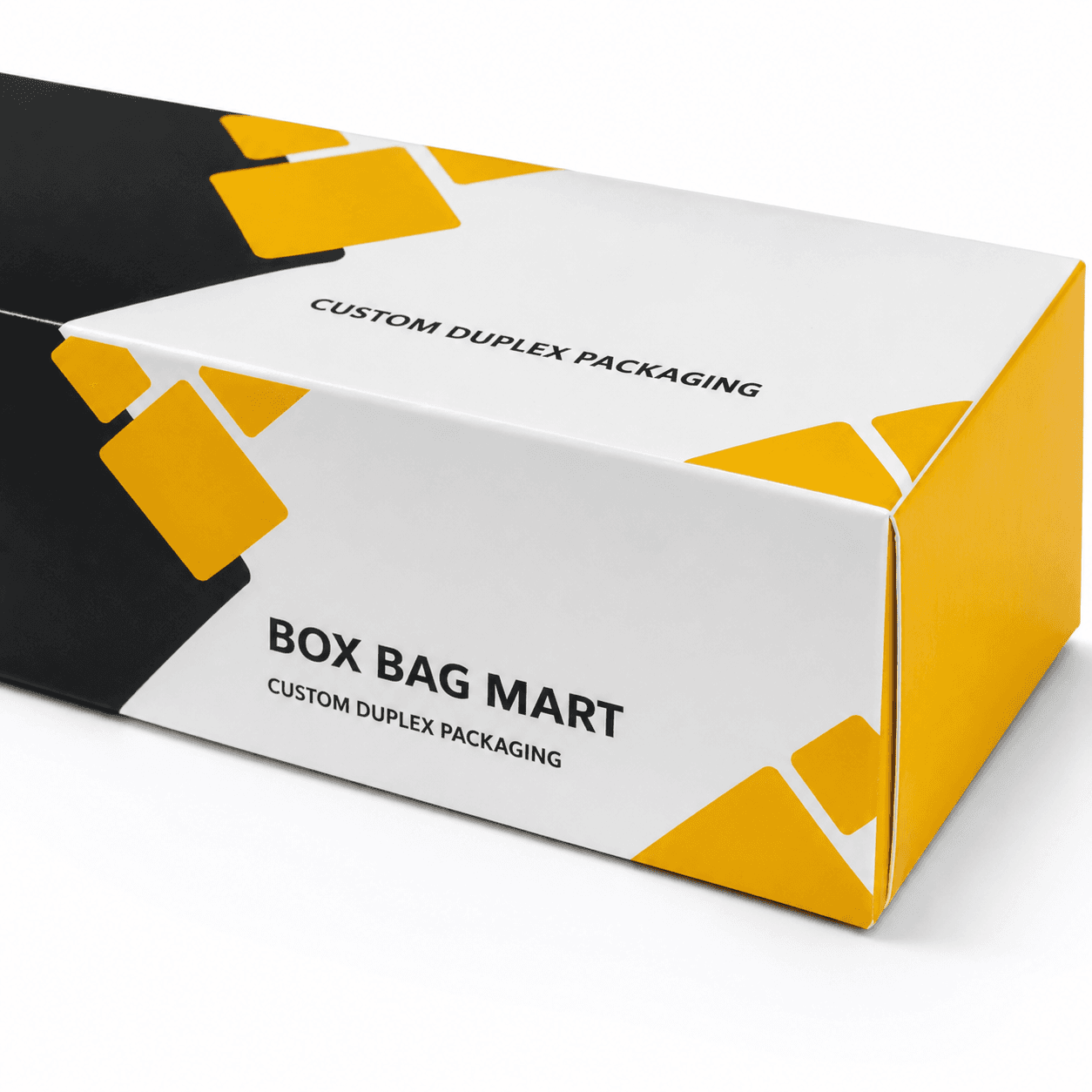 BOX BAG MART black, white and yellow custom-printed rectangular duplex folding packaging box.