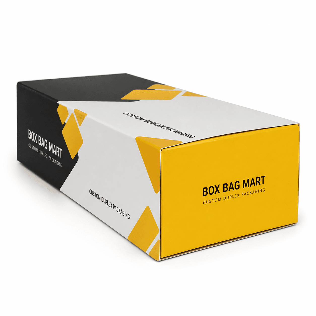BOX BAG MART black, white and yellow custom-printed rectangular duplex folding packaging box.