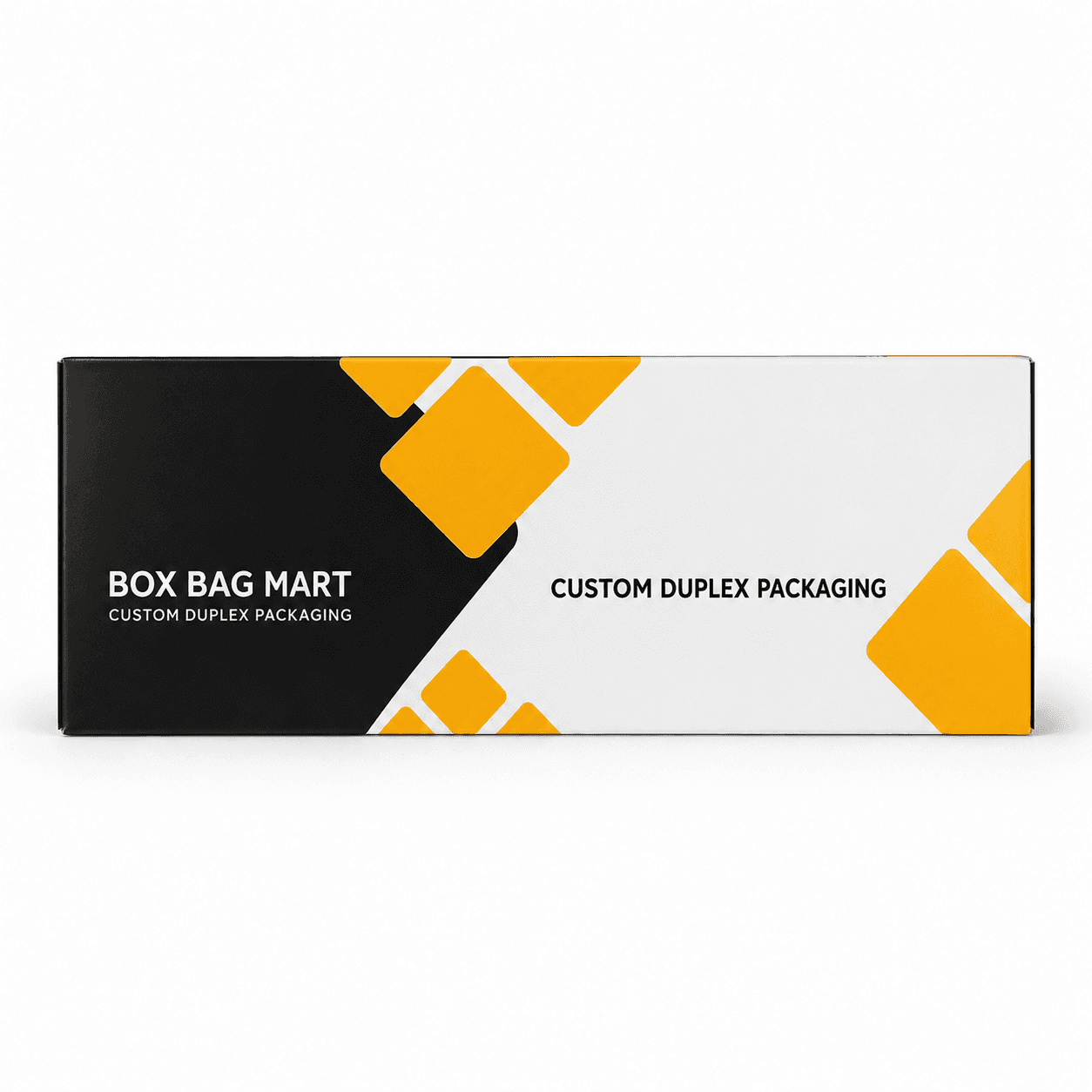 BOX BAG MART black, white and yellow custom-printed rectangular duplex folding packaging box.