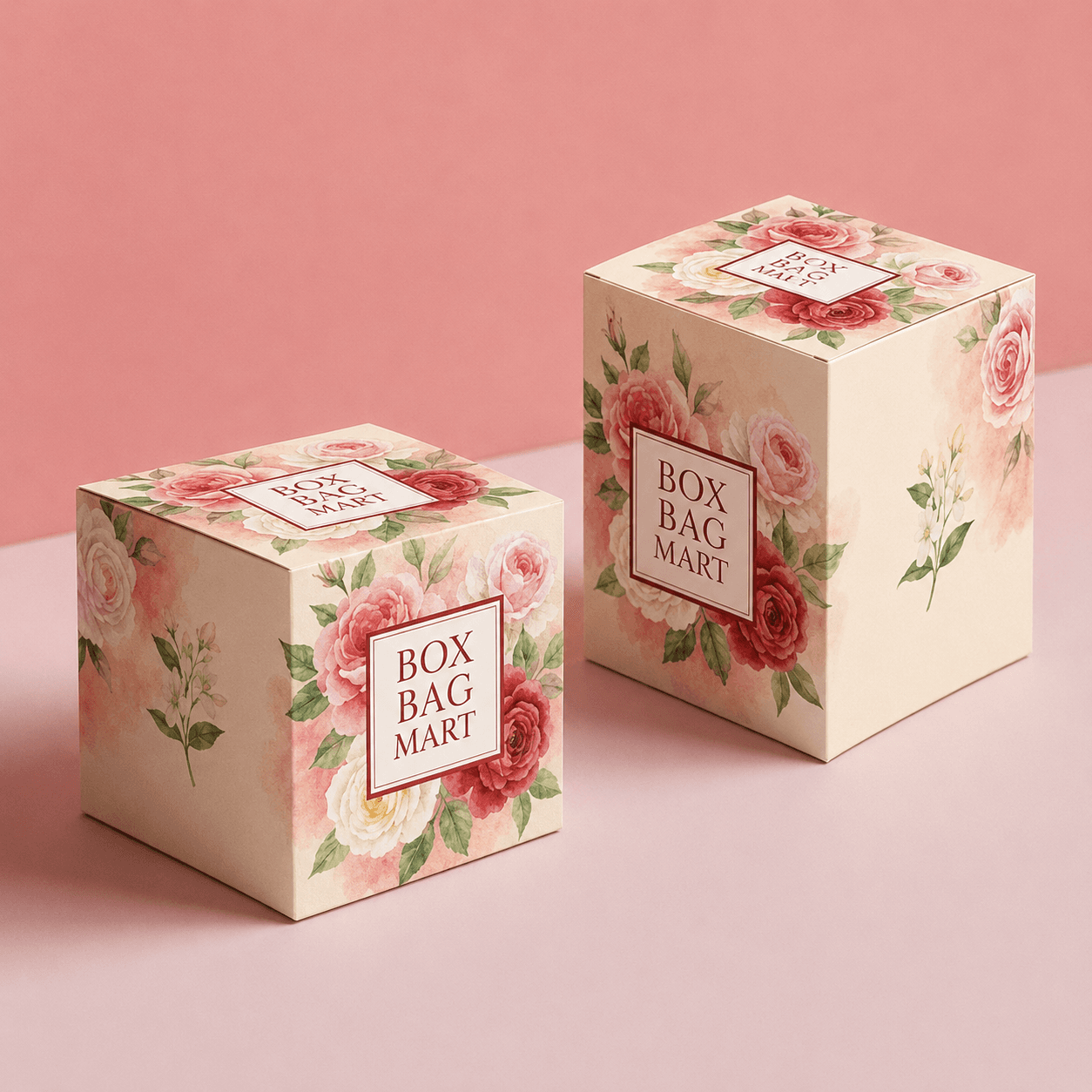 Custom printed cream floral gift packaging boxes for cosmetics, perfumes, soaps and premium products by BOXBAGMART.