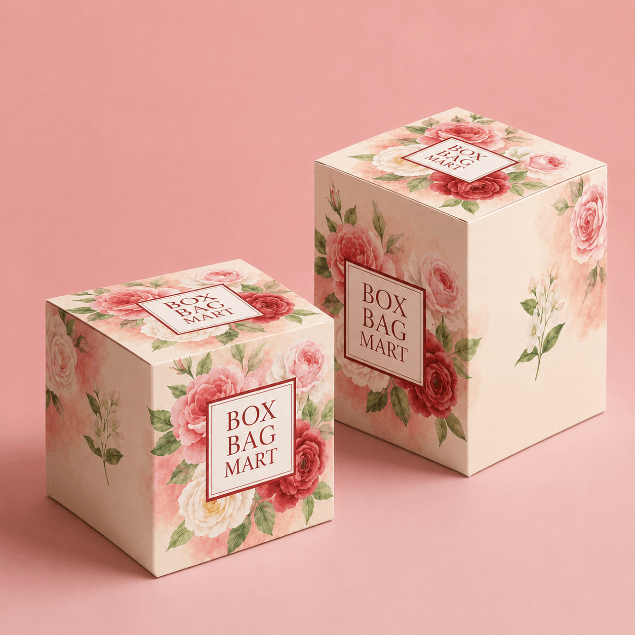Custom printed cream floral gift packaging boxes for cosmetics, perfumes, soaps and premium products by BOXBAGMART.