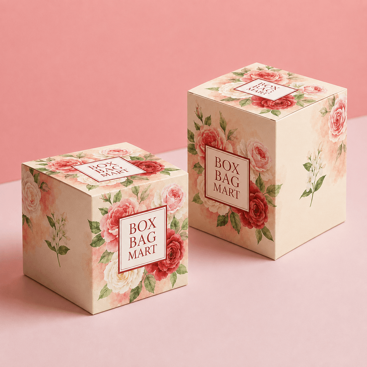 Custom printed cream floral gift packaging boxes for cosmetics, perfumes, soaps and premium products by BOXBAGMART.