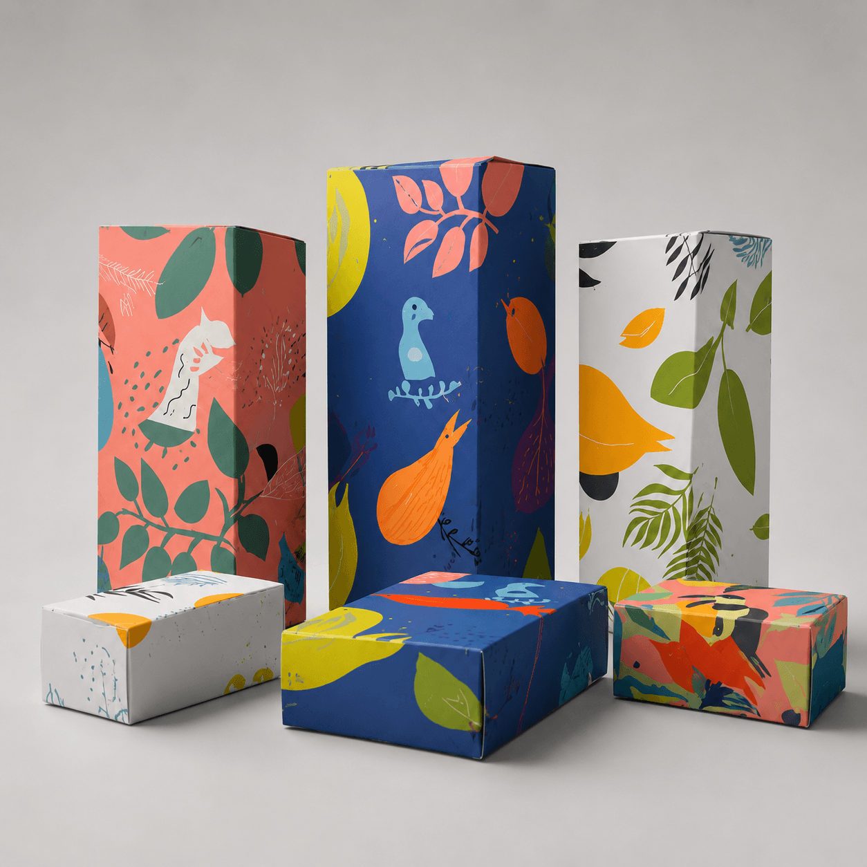 Colourful custom printed designer packaging boxes with botanical, bird and abstract patterns manufactured by BOXBAGMART.