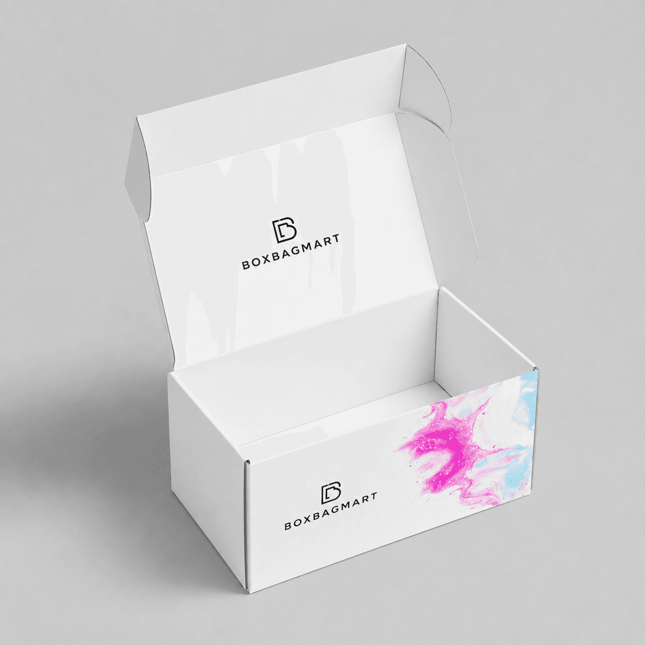 Custom printed white duplex packaging box with pink and blue marble design and BOXBAGMART branding for garments, cosmetics, gifts and retail products.