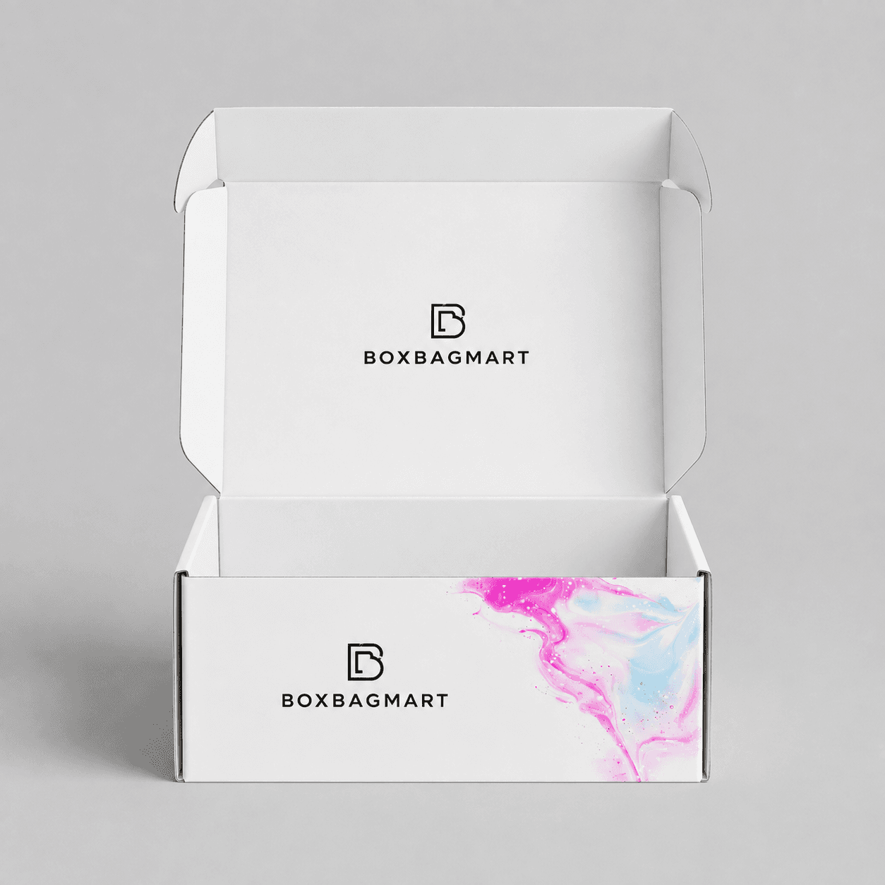 Custom printed white duplex packaging box with pink and blue marble design and BOXBAGMART branding for garments, cosmetics, gifts and retail products.