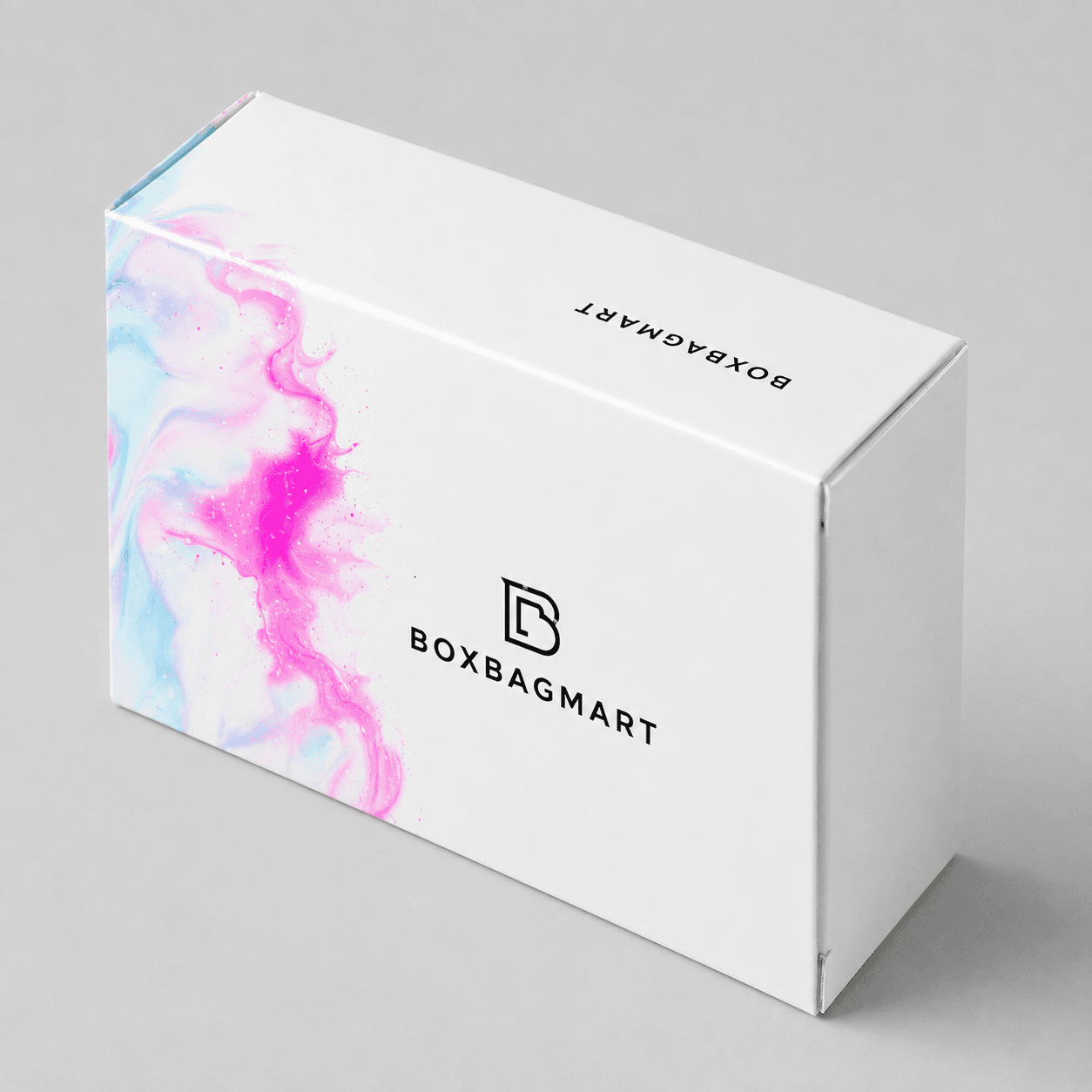 Custom printed white duplex packaging box with pink and blue marble design and BOXBAGMART branding for garments, cosmetics, gifts and retail products.