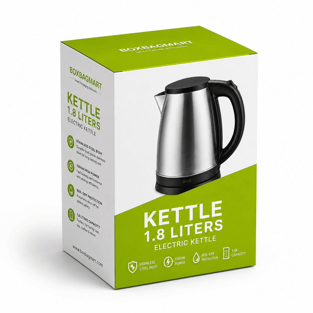 Custom printed green and white electric kettle duplex packaging box with BOXBAGMART branding for kitchen and home-appliance products.