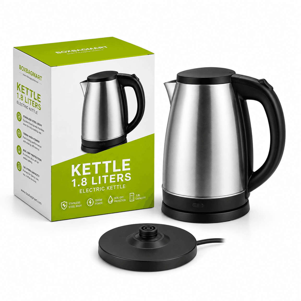 Custom printed green and white electric kettle duplex packaging box with BOXBAGMART branding for kitchen and home-appliance products.