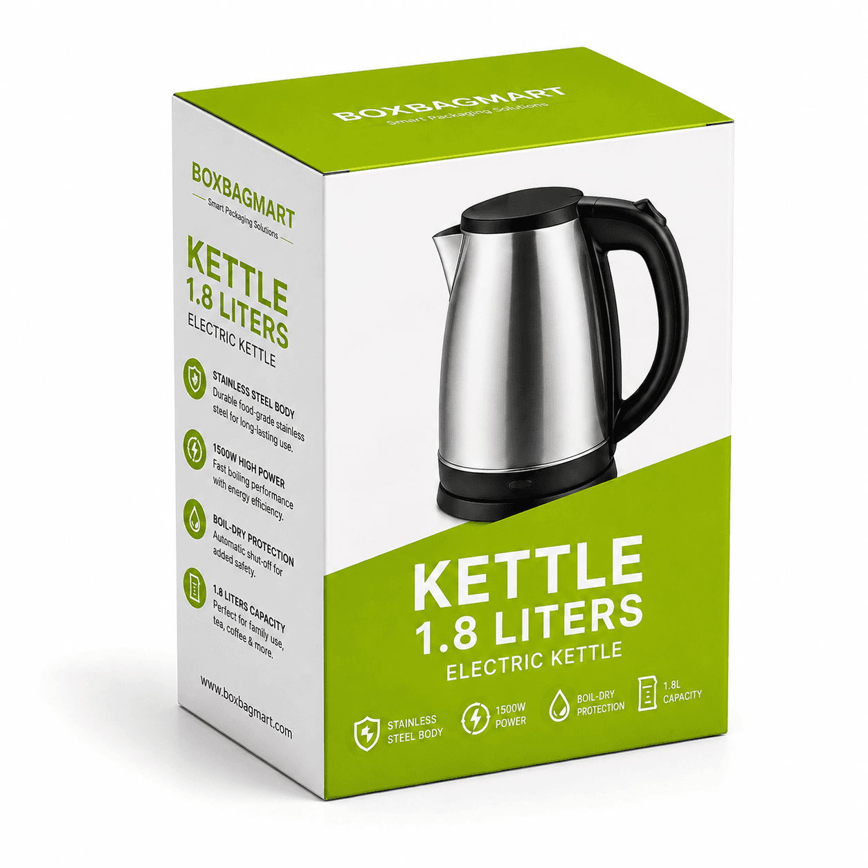 Custom printed green and white electric kettle duplex packaging box with BOXBAGMART branding for kitchen and home-appliance products.