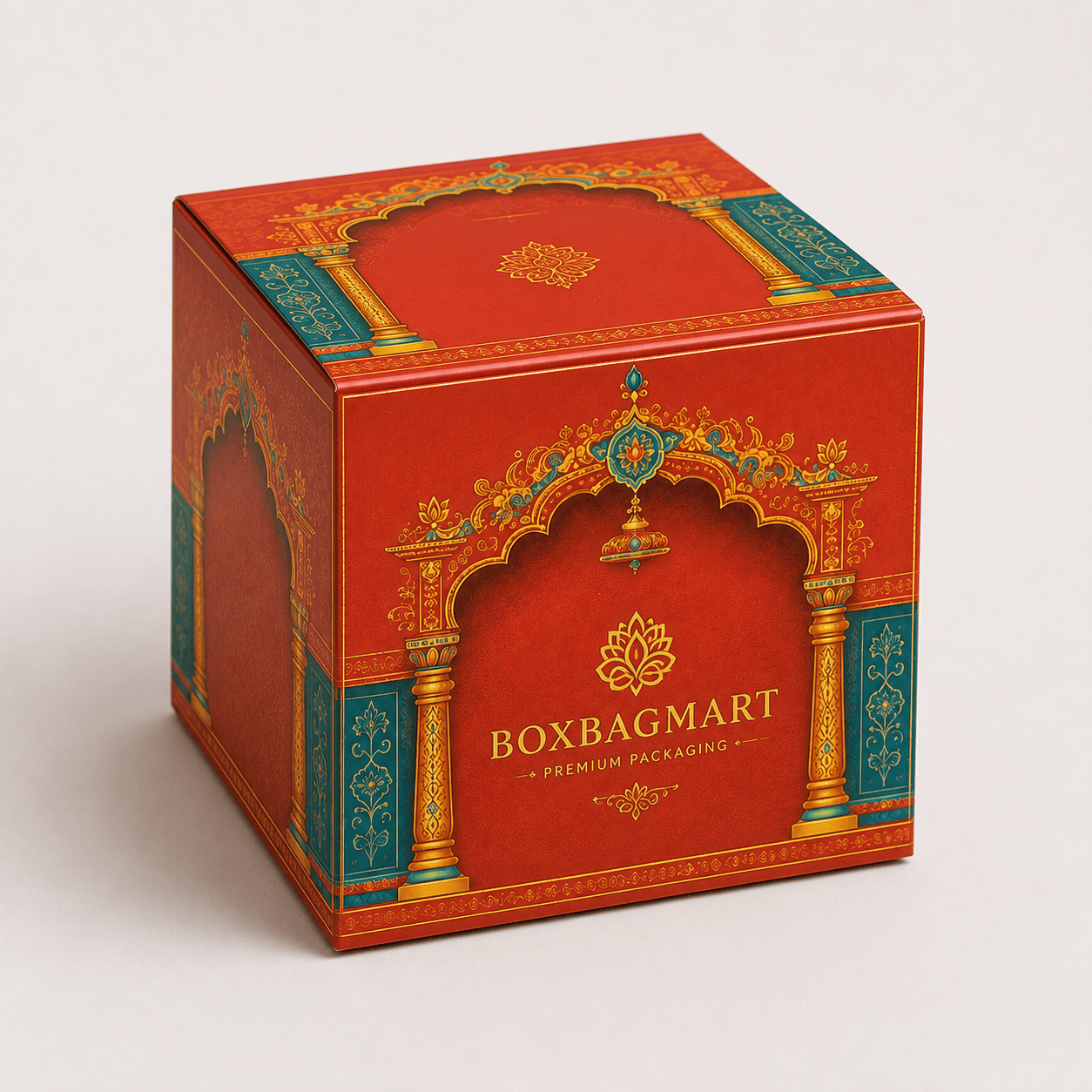 Custom printed red and gold royal festive duplex packaging box with BOXBAGMART branding for wedding gifts, sweets, dry fruits and premium hampers.