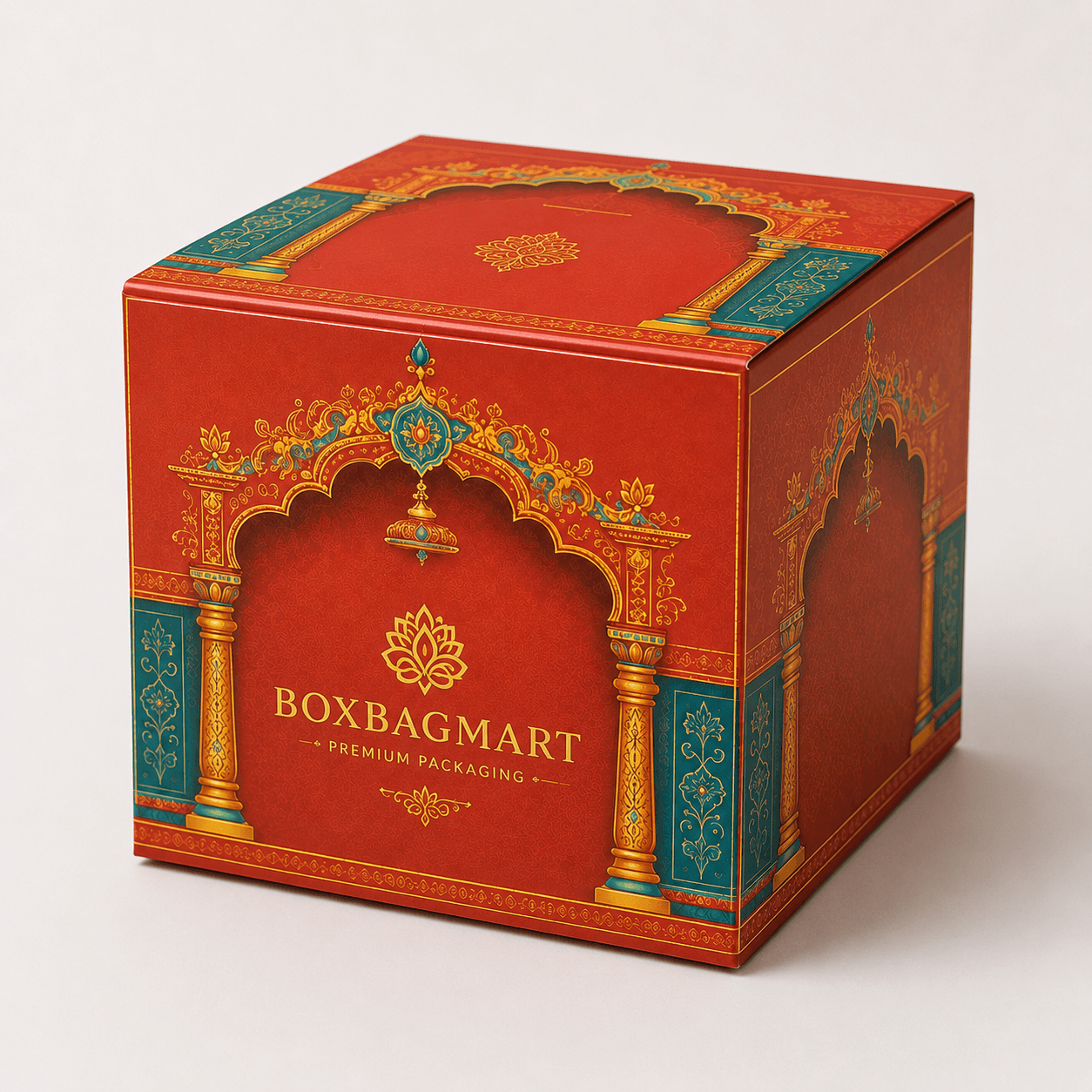 Custom printed red and gold royal festive duplex packaging box with BOXBAGMART branding for wedding gifts, sweets, dry fruits and premium hampers.