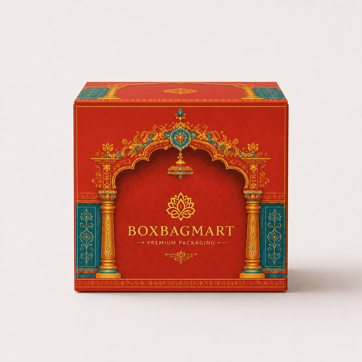 Custom printed red and gold royal festive duplex packaging box with BOXBAGMART branding for wedding gifts, sweets, dry fruits and premium hampers.