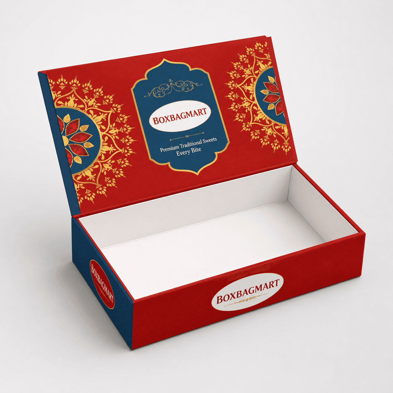 Custom printed red, navy-blue and gold Indian sweets duplex packaging box with BOXBAGMART branding for mithai, dry fruits and festival gifting.