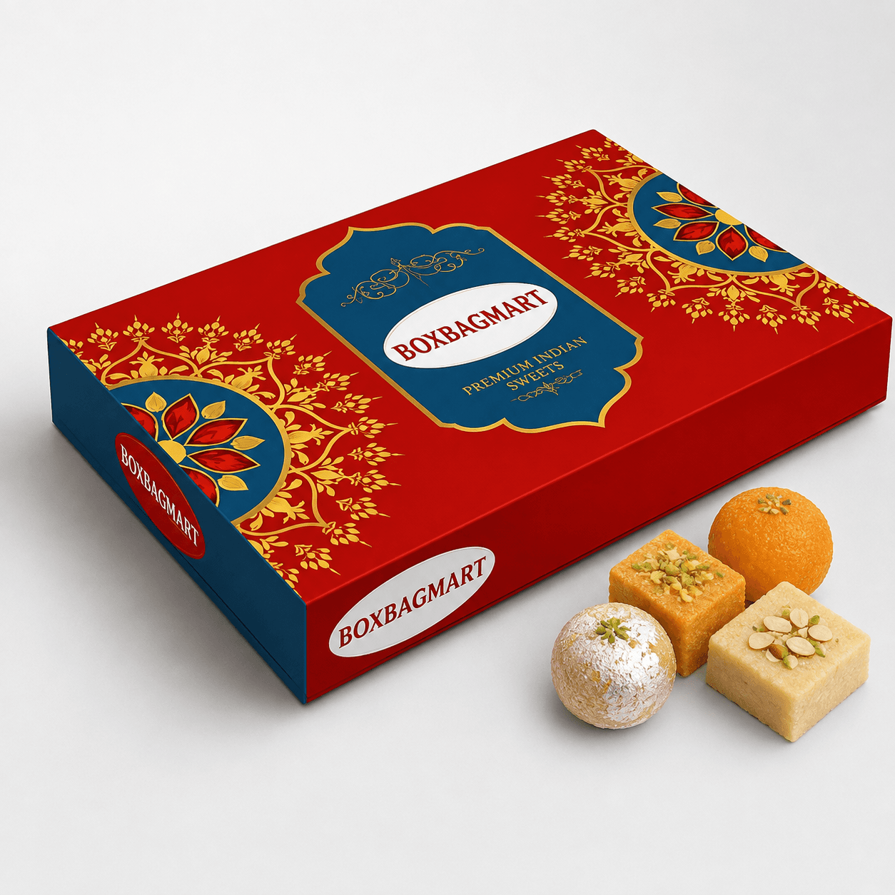Custom printed red, navy-blue and gold Indian sweets duplex packaging box with BOXBAGMART branding for mithai, dry fruits and festival gifting.