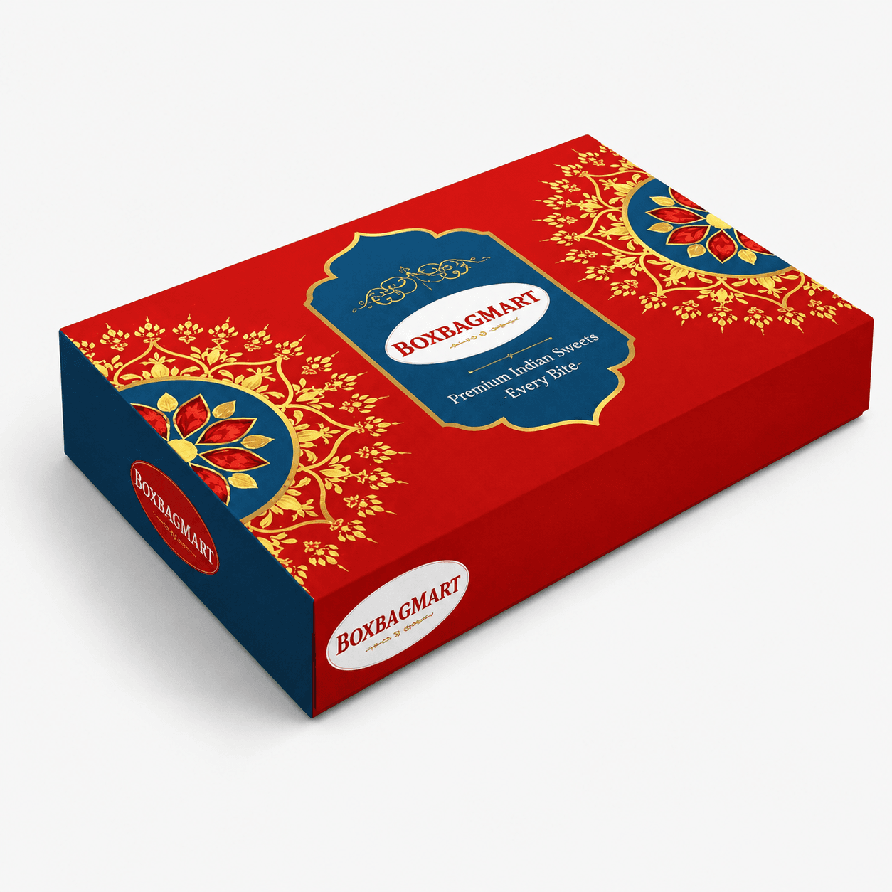 Custom printed red, navy-blue and gold Indian sweets duplex packaging box with BOXBAGMART branding for mithai, dry fruits and festival gifting.