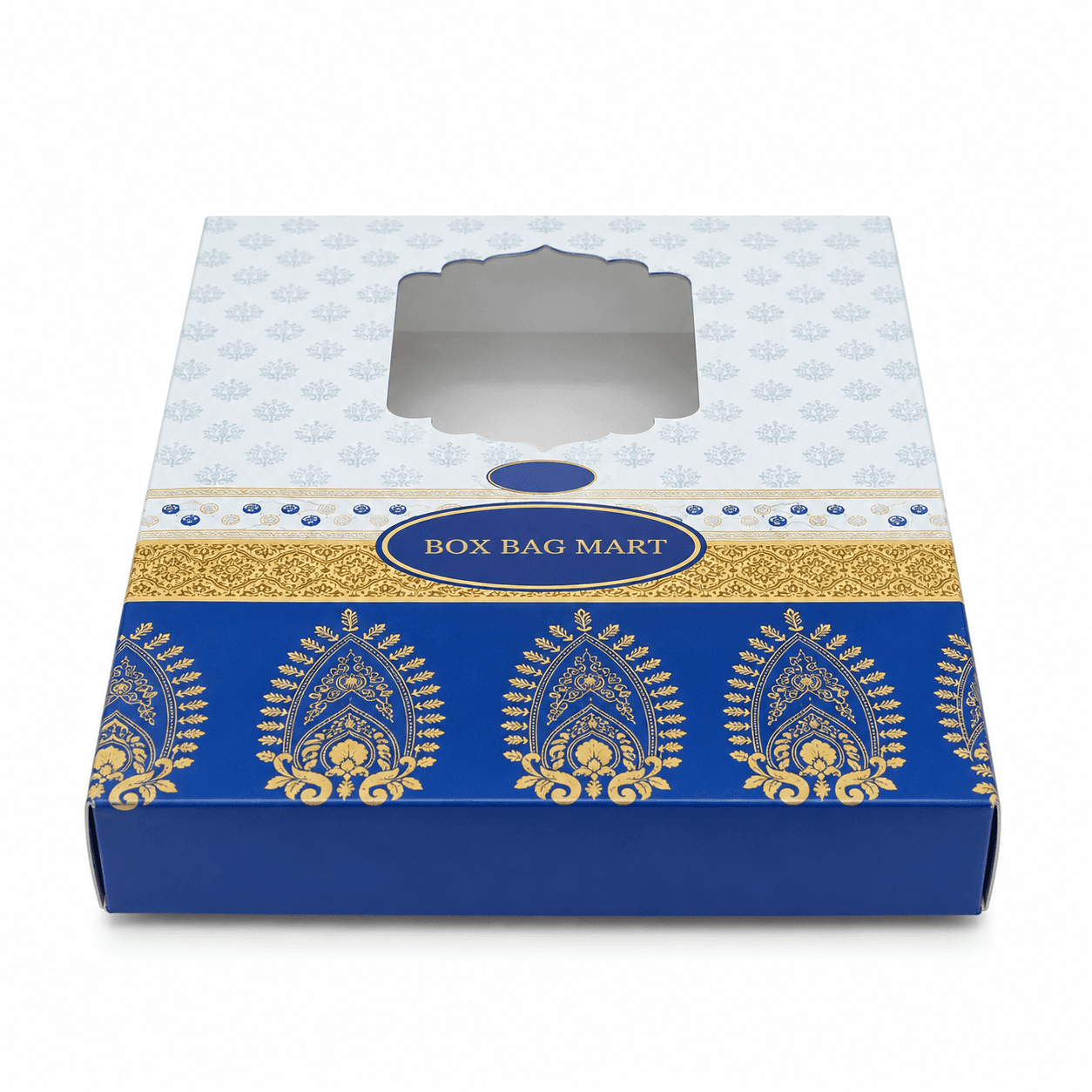 BOX BAG MART blue and white custom printed duplex window garment packaging box with transparent display window.