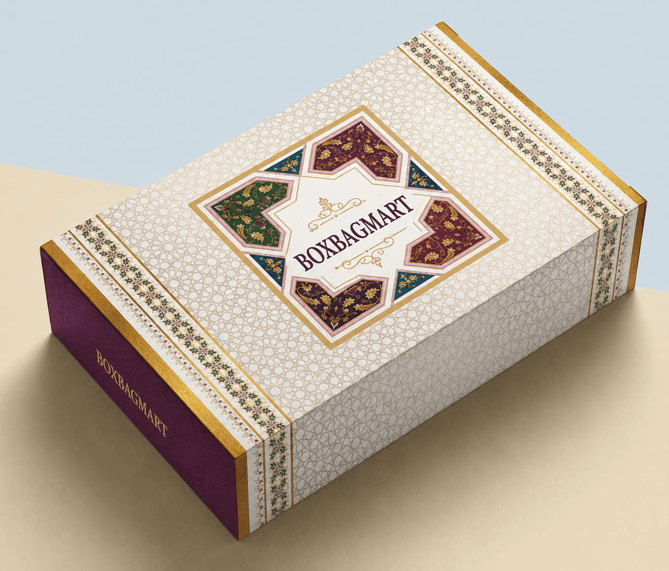 Premium maroon and cream printed saree duplex packaging box with traditional mandala design by BOXBAGMART