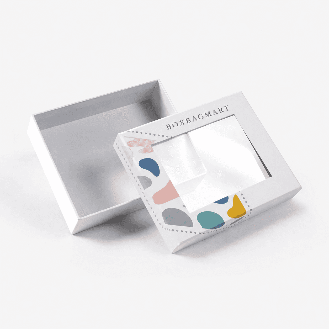 White custom printed duplex packaging box with transparent window and BOXBAGMART branding