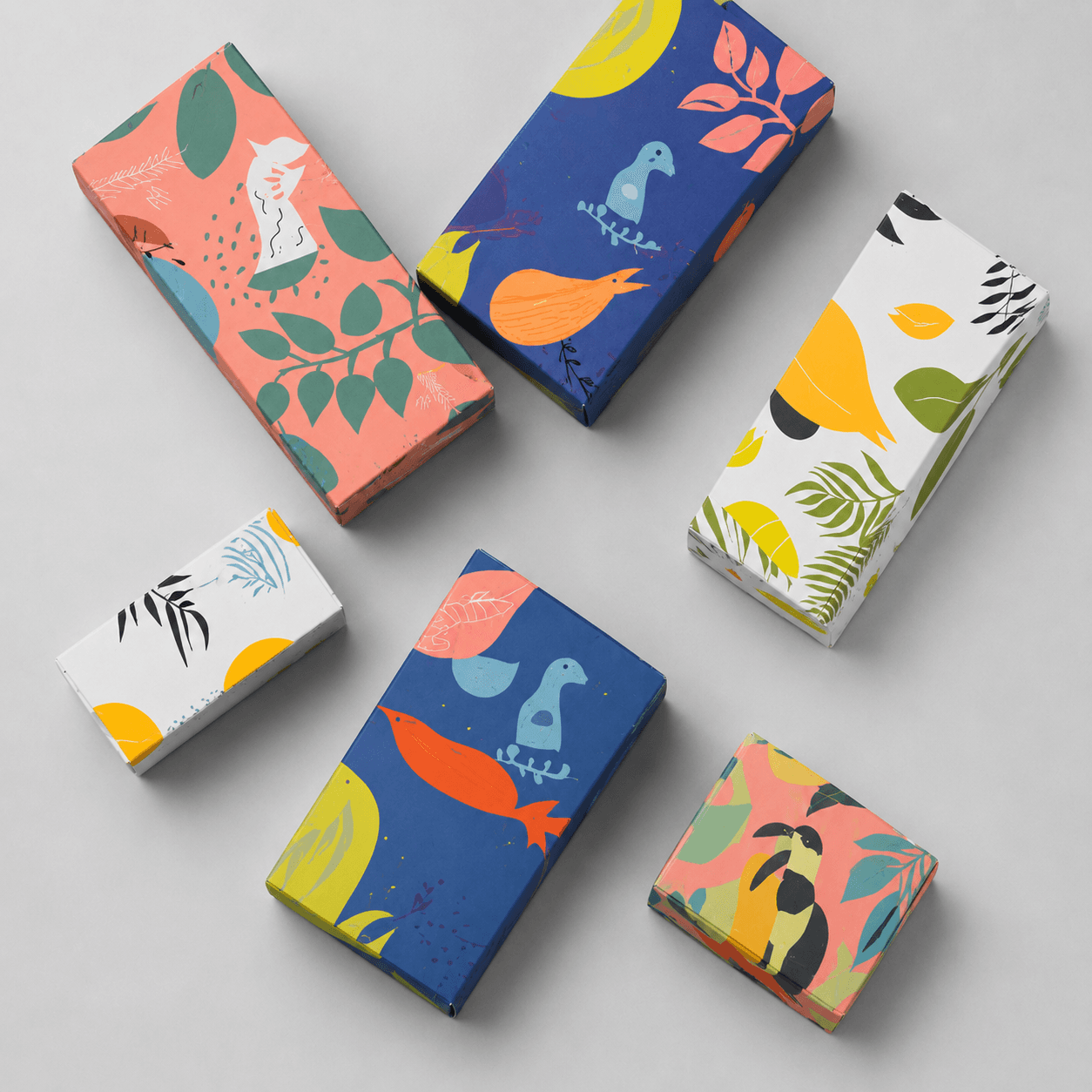 Custom printed multicolor duplex packaging boxes with botanical and bird designs by BOXBAGMART.