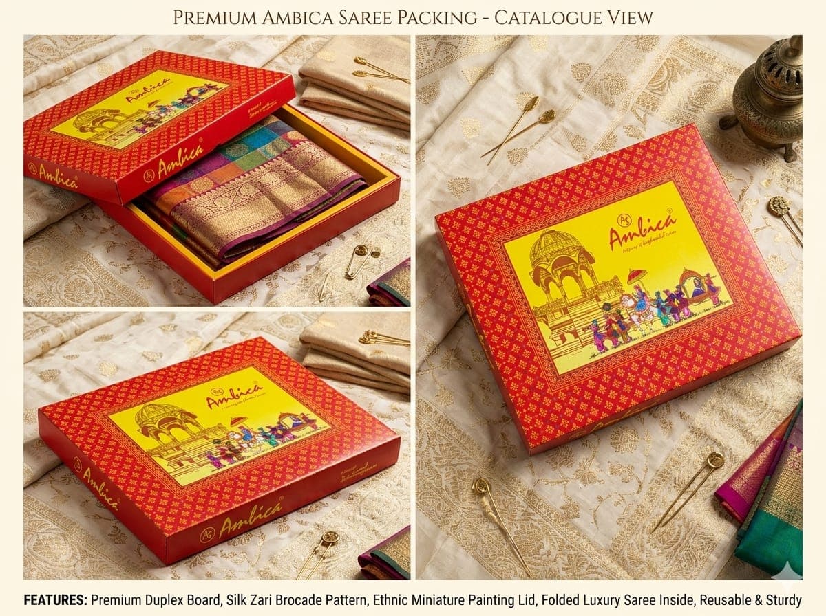Custom printed red and gold duplex saree packaging box with traditional design for premium wedding and boutique saree packing