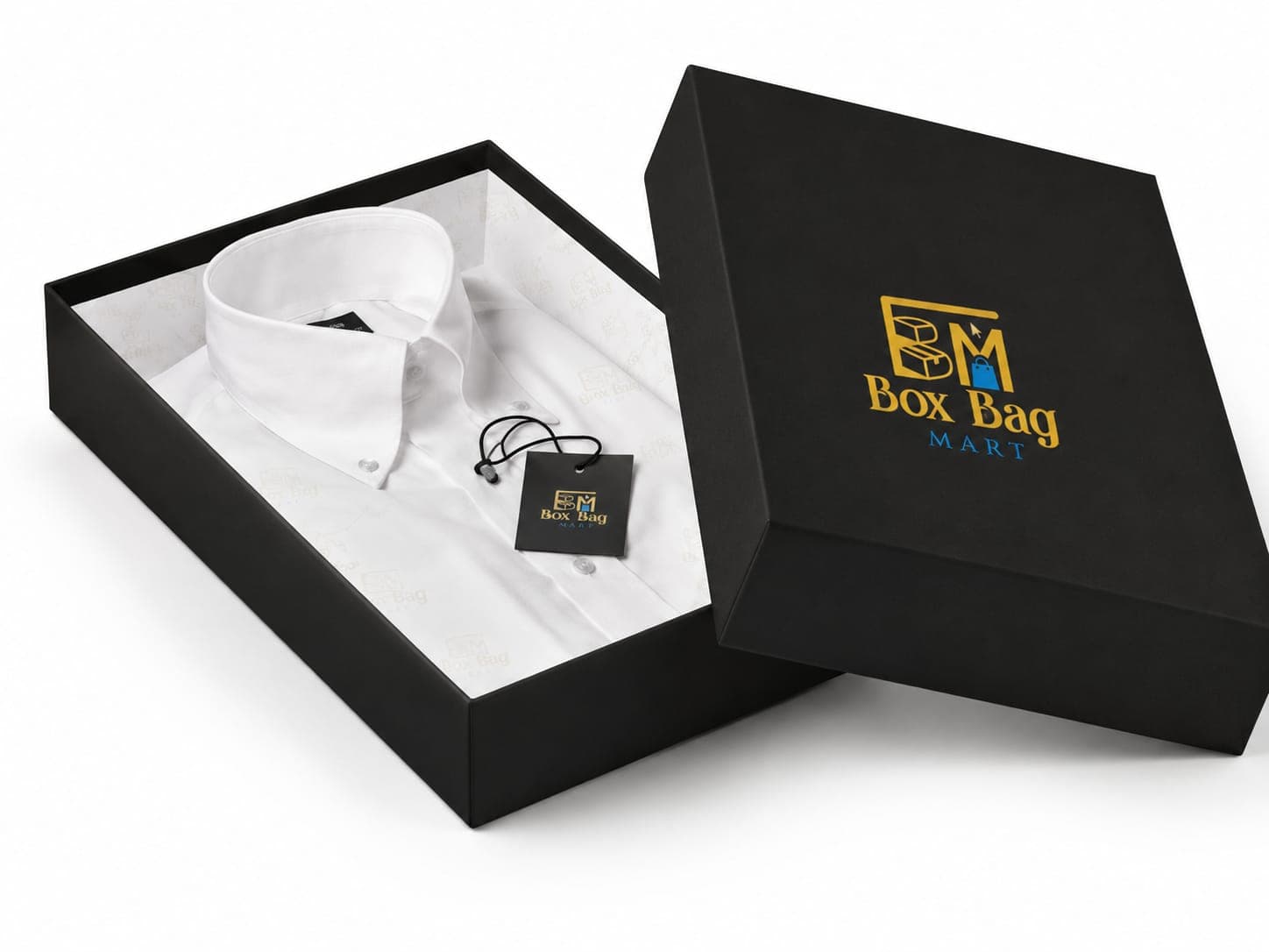Custom printed duplex shirt packaging box with Box Bag Mart branding for premium formal and casual shirt packing