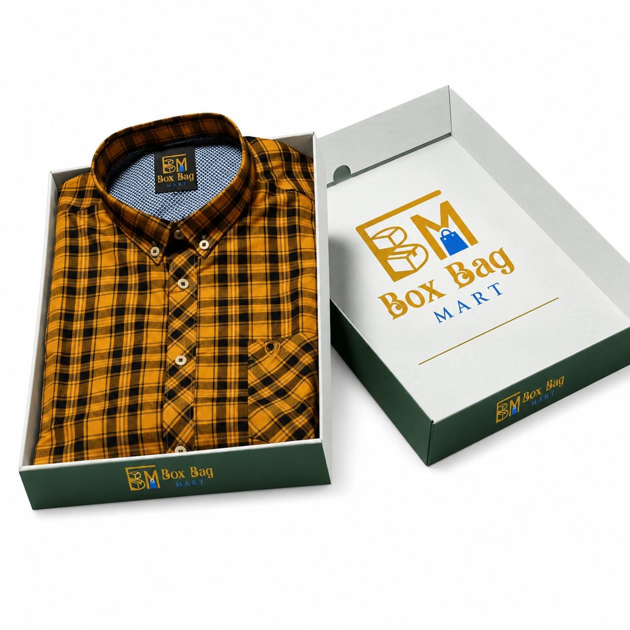 Custom printed duplex shirt packaging box with Box Bag Mart branding for premium formal and casual shirt packing