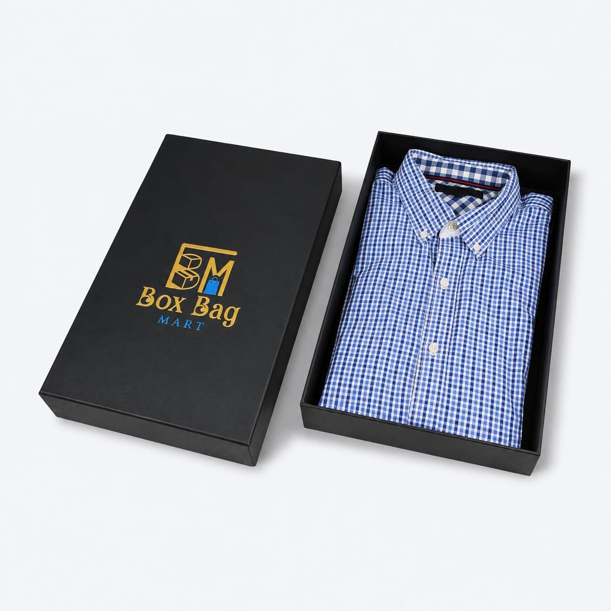 Custom printed duplex shirt packaging box with Box Bag Mart branding for premium formal and casual shirt packing
