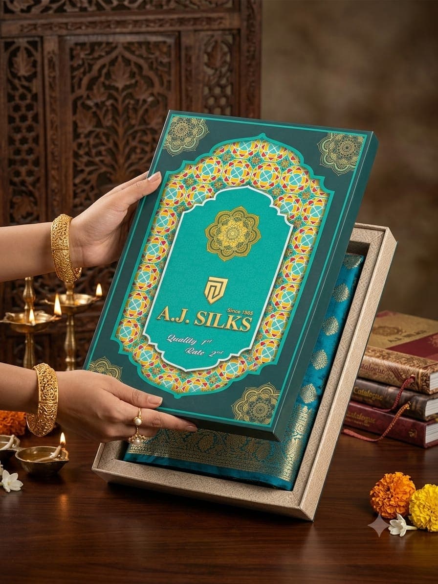 Custom printed premium duplex saree packaging box with attractive traditional design and BoxBagMart branding