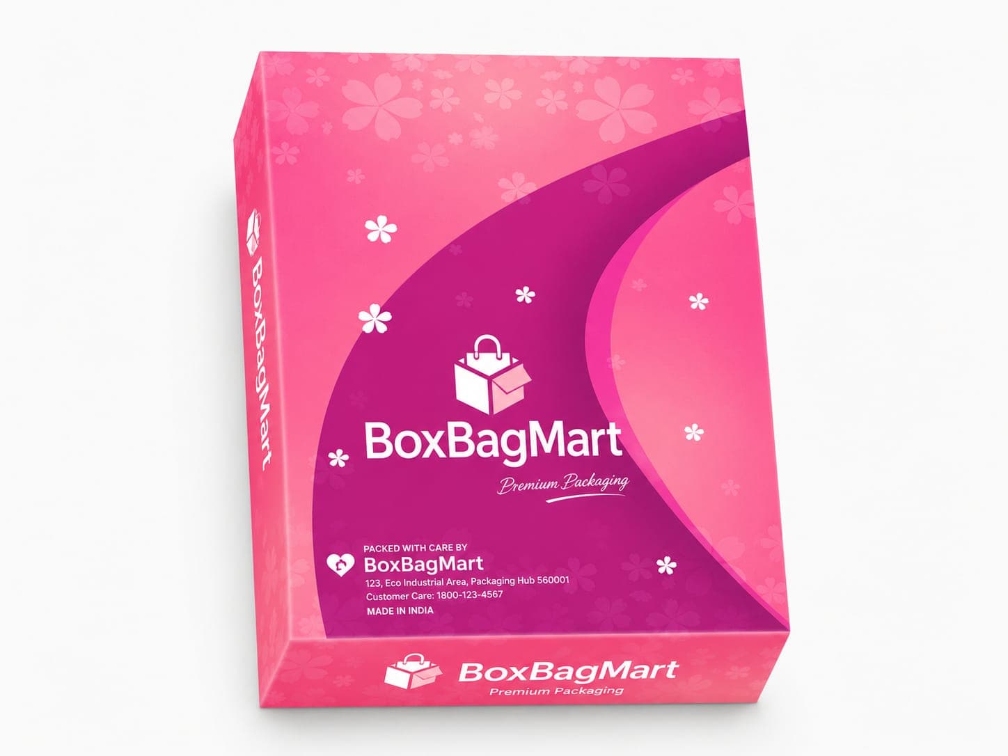 Custom printed pink duplex saree packaging box with floral design and BoxBagMart branding