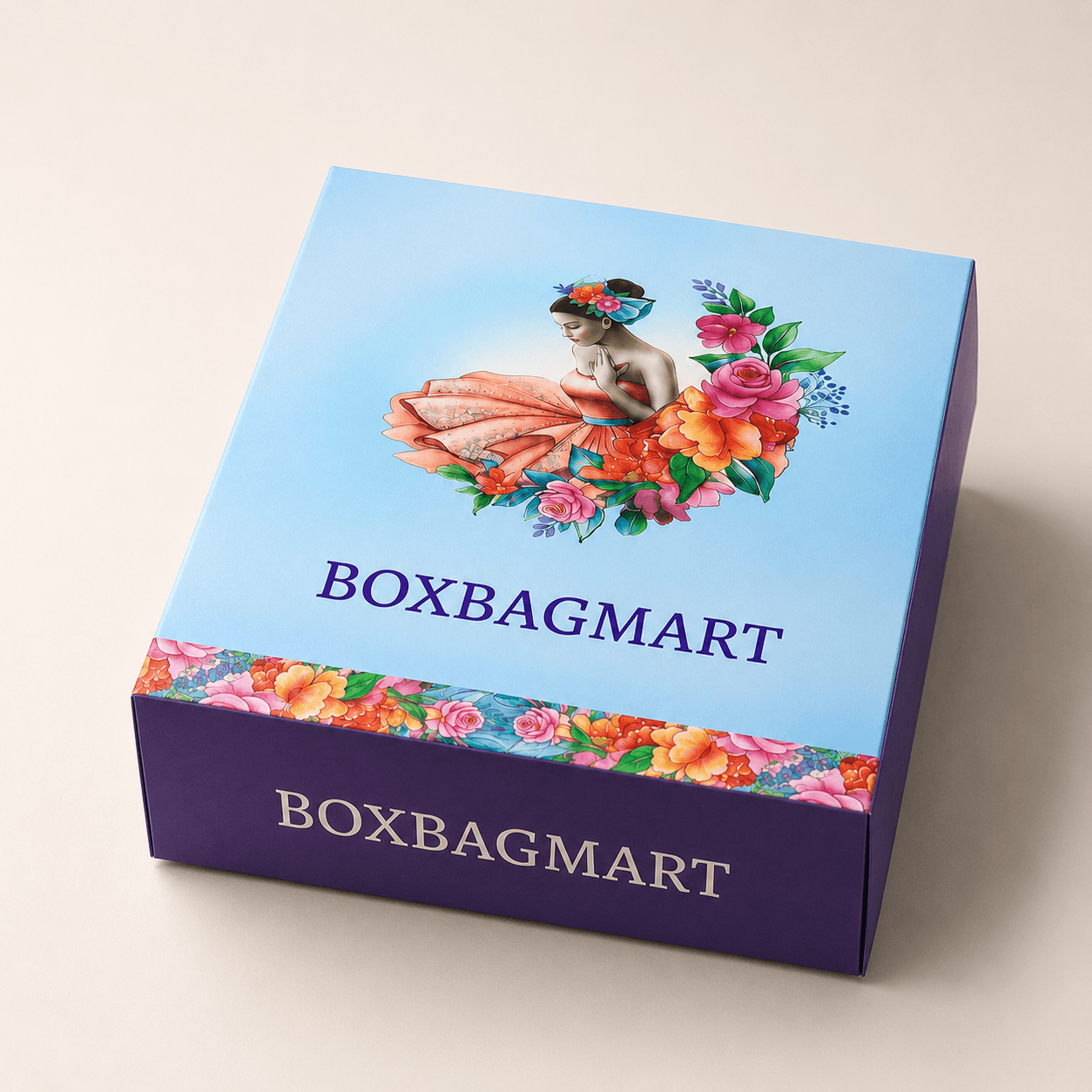 Premium custom printed duplex saree packaging box for boutiques and textile brands by BOX BAG MART.