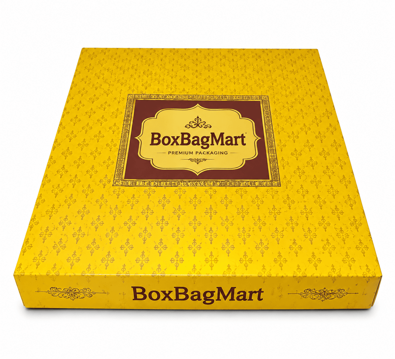 Premium yellow printed saree packaging box made from duplex board for garment and saree packaging by BoxBagMart