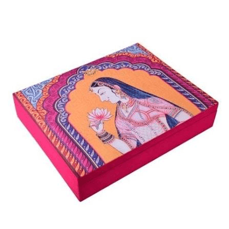 Premium pink printed saree packaging box with traditional Indian design made from 350 GSM duplex board by BoxBagMart