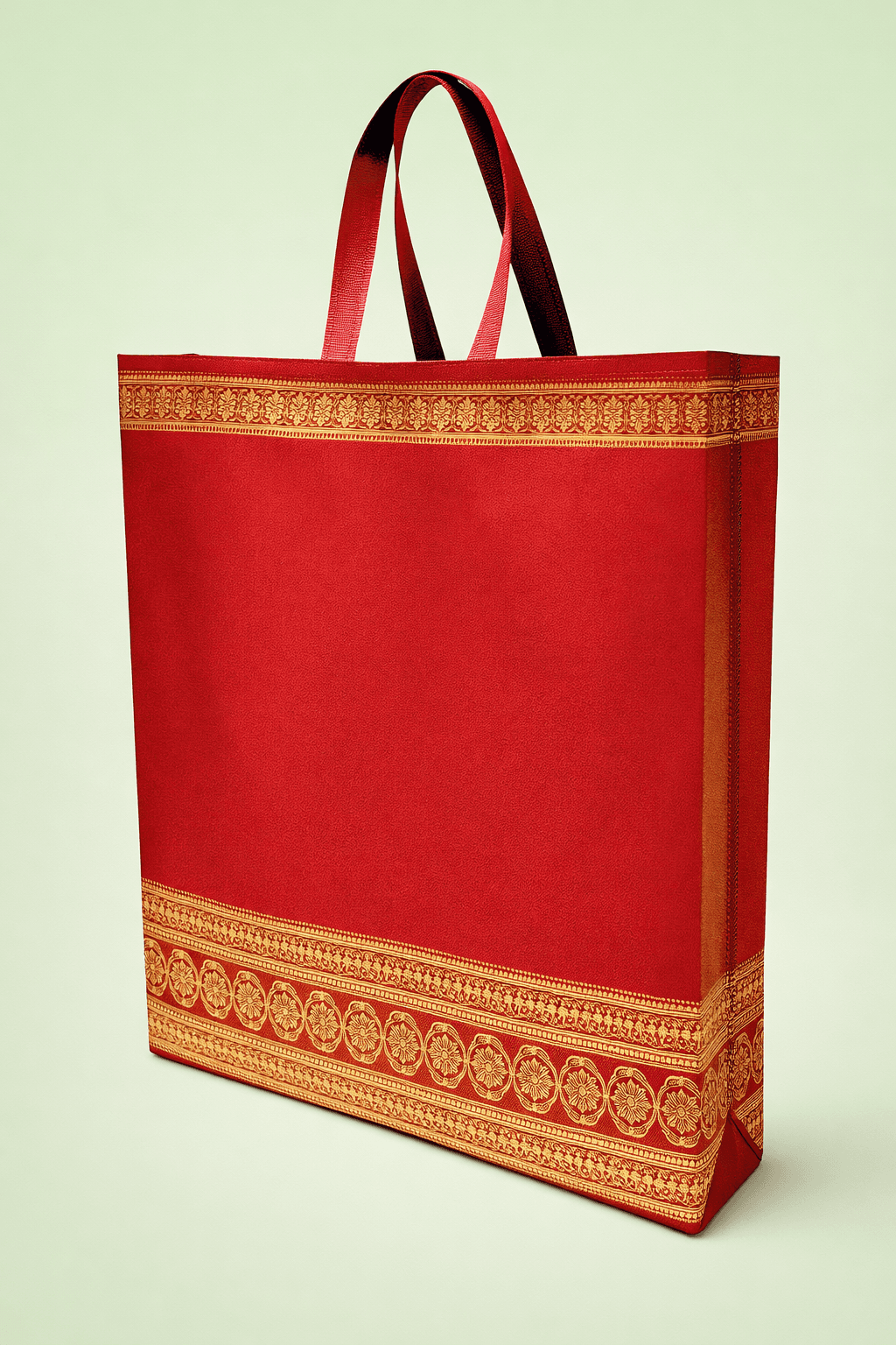 Maroon non-woven box bag featuring an intricate golden ornamental border design with soft handles, size 10x12x4 inches