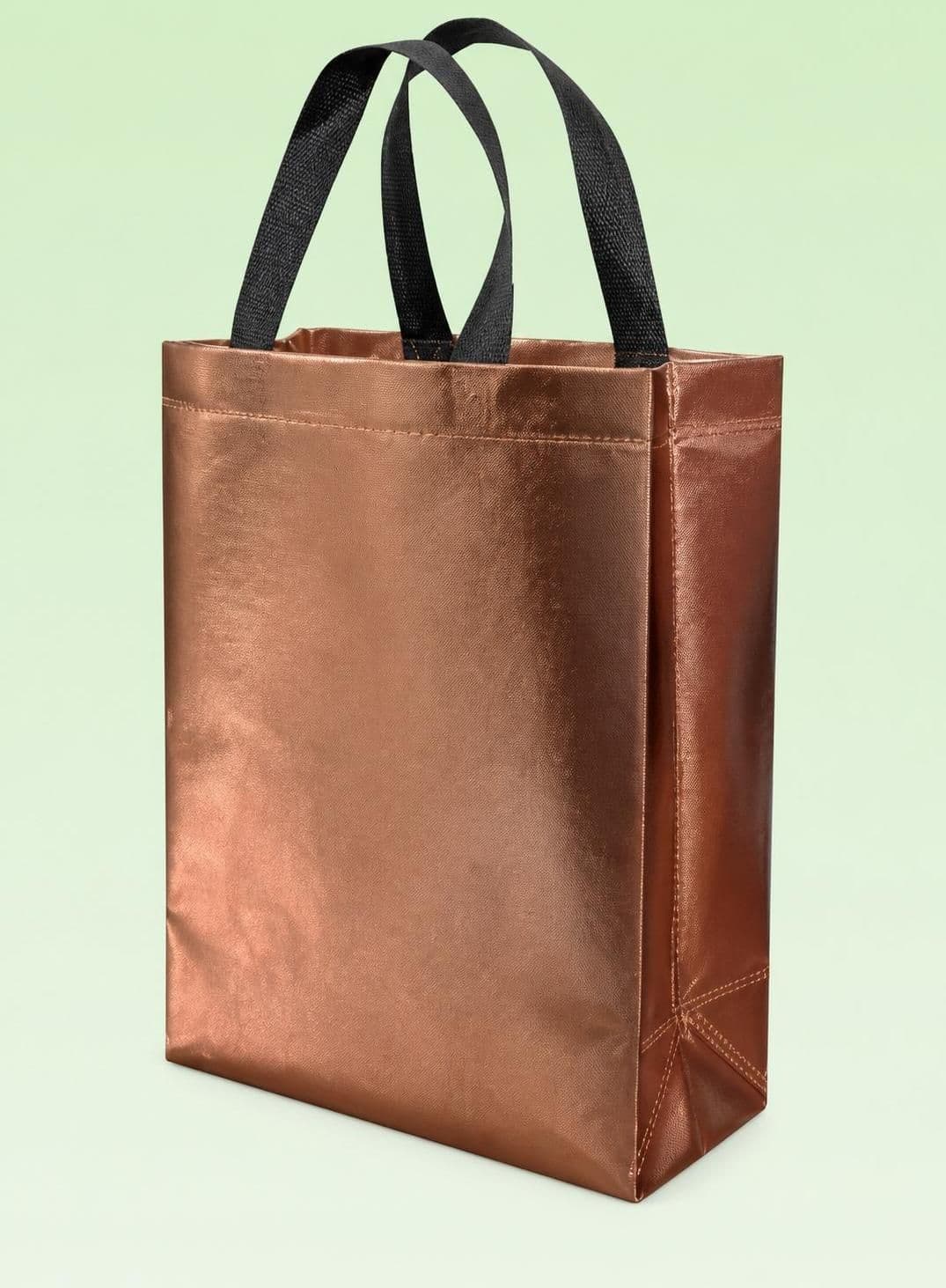 Metallic rose gold laminated non-woven box bag with black loop handles, size 10x12x4 inches
