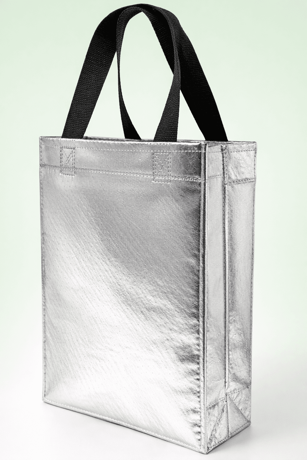 Metallic silver laminated non-woven box bag with black loop handles, size 10x12x4 inches