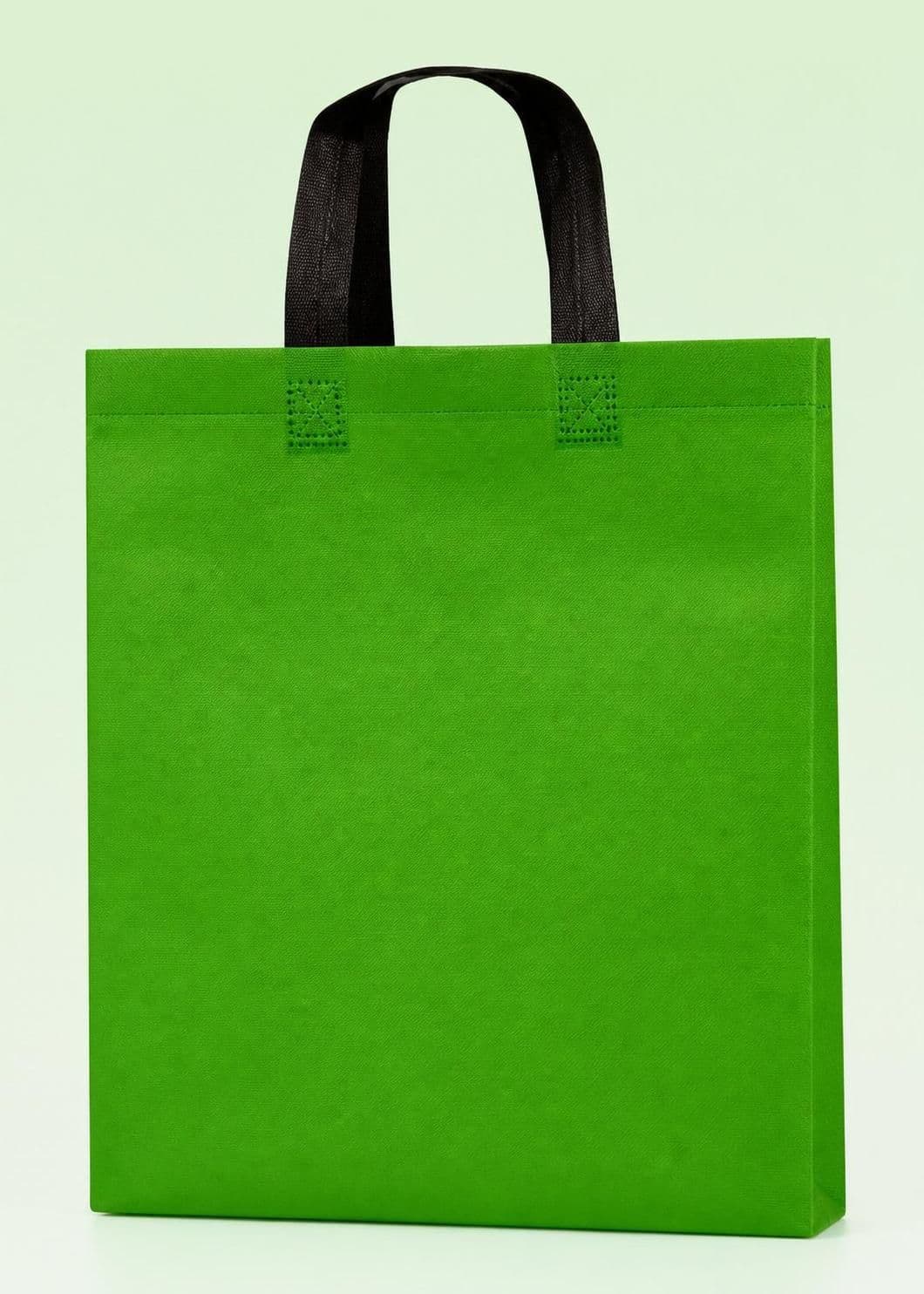 Bright parrot green non-woven box bag with black handles, size 10x12x4 inches